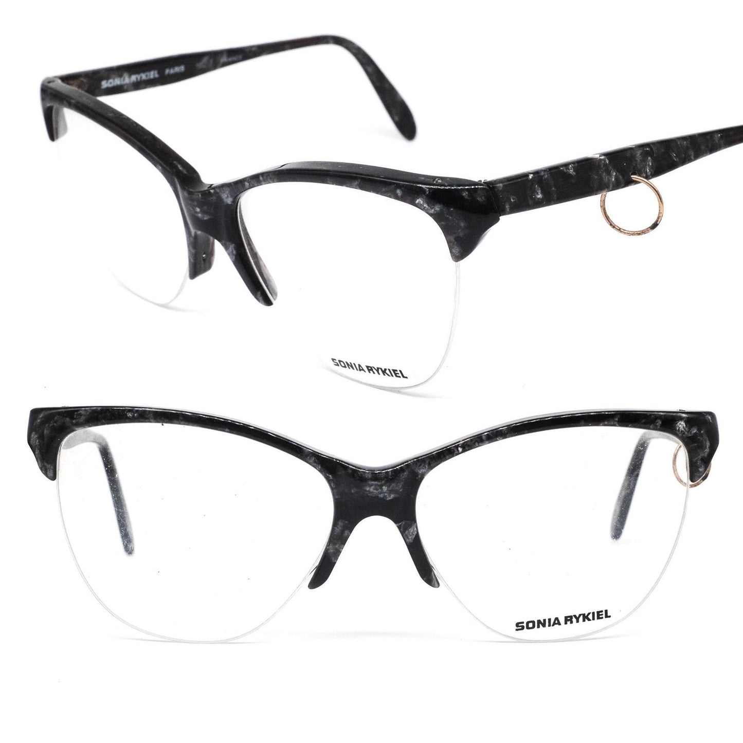 Sonia Rykiel SR18 black marbled cateye eyeglasses w cool pierced temple detail, NoS 80s France