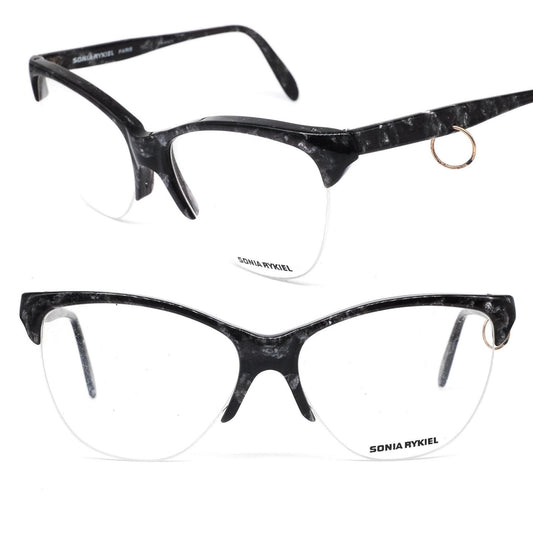 Sonia Rykiel SR18 black marbled cateye eyeglasses w cool pierced temple detail, NoS 80s France