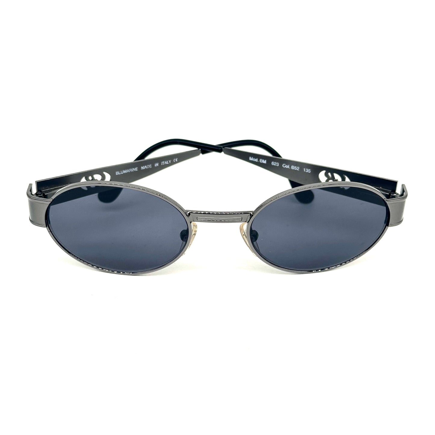 Bluemarine BM 623 oval gunmetal sunglasses w cutoff B logo, NOS 90s Italy