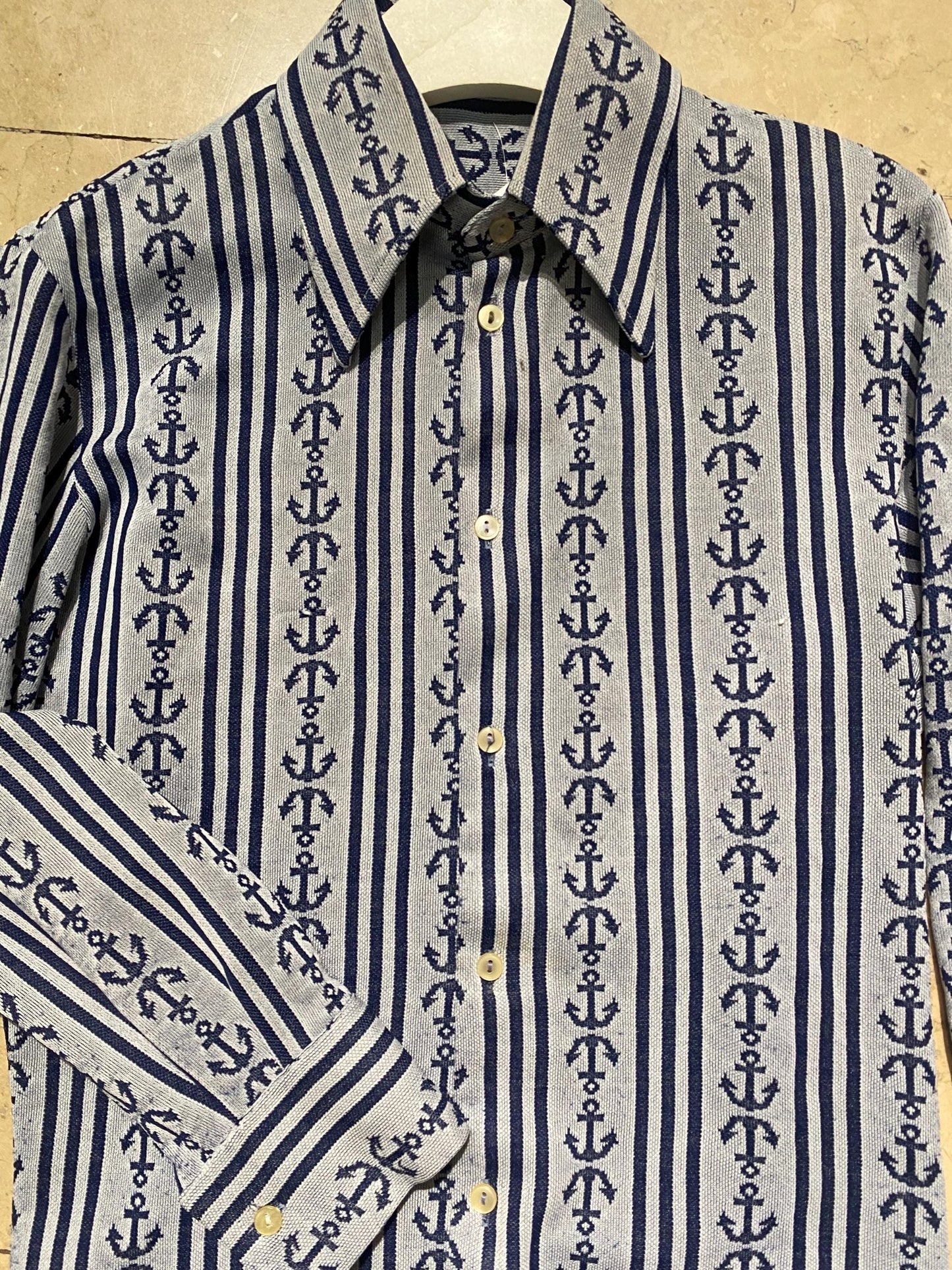 Auth.1960s tailor made anchor-stripes jacquard knit blouse sz S/M