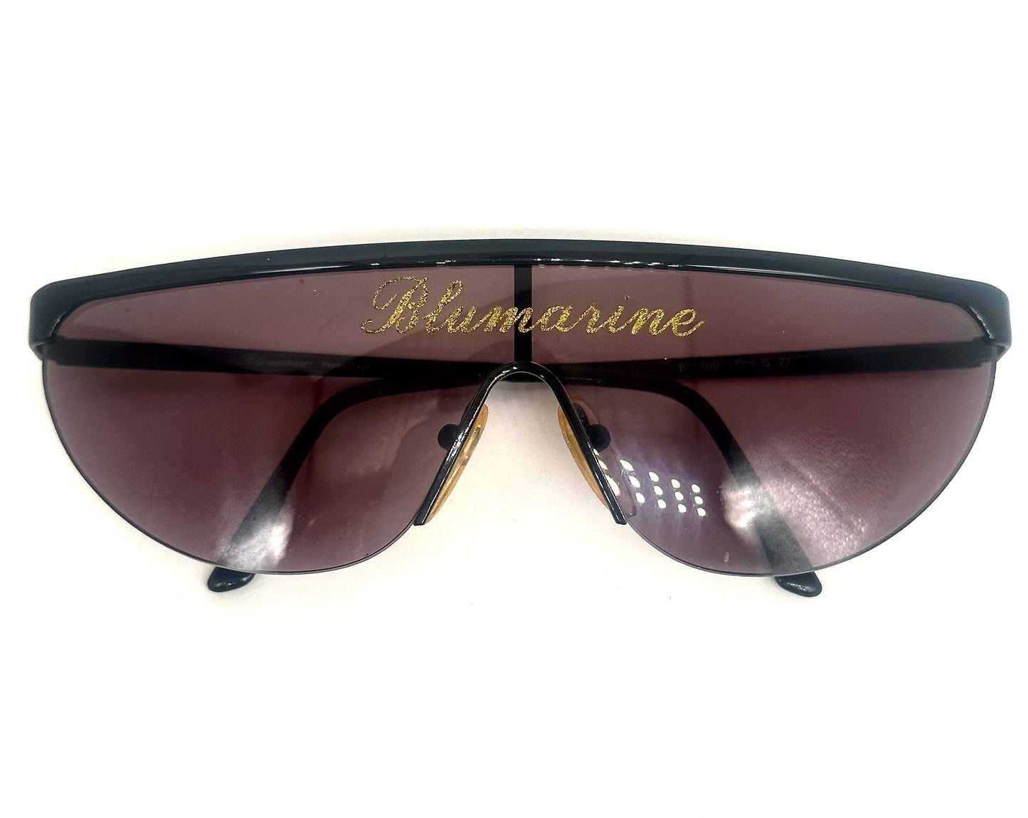Bluemarine BM600 runway black shield sunglasses w golden glittered signature, NOS 80s Mint