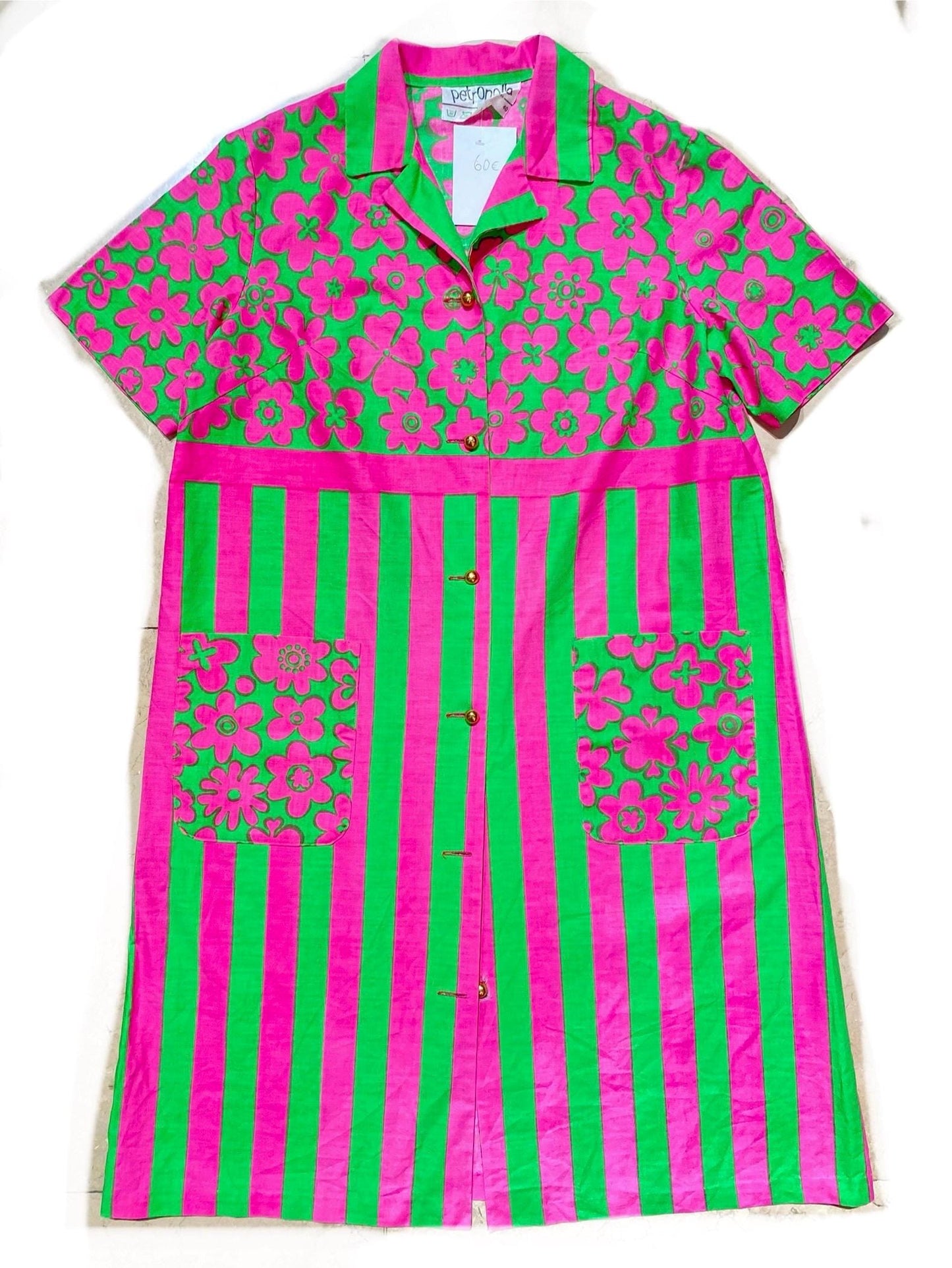 Petronella of Sweden 1960s hippie floral print cotton apron shirt dress sz 40, good condition