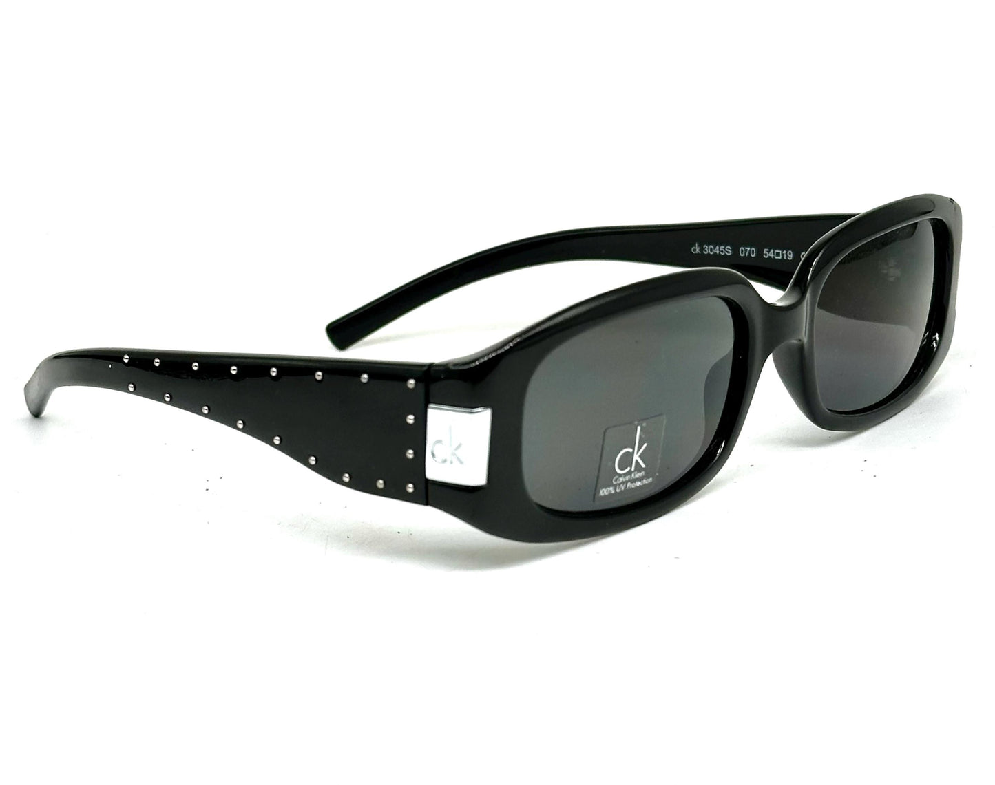 Calvin Klein 3045 sunglasses,  black gloss wrap frames w silver metal studs & branded hinge, NOS