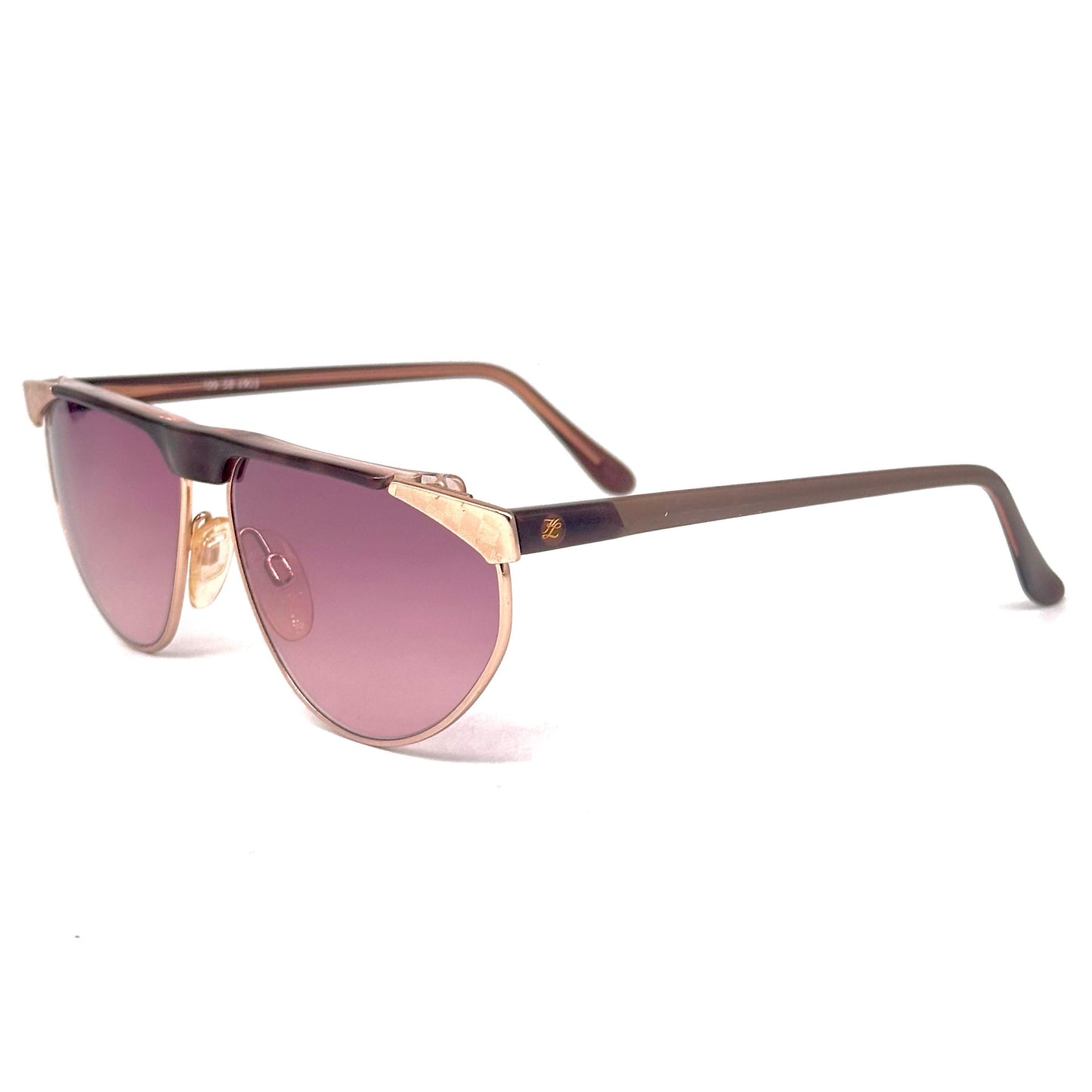 Karl Lagerfeld 109 58 903 brown tortoise and gold frame with chess detail on the sides vintage sunglasses w/ gradient purple lens, NOS