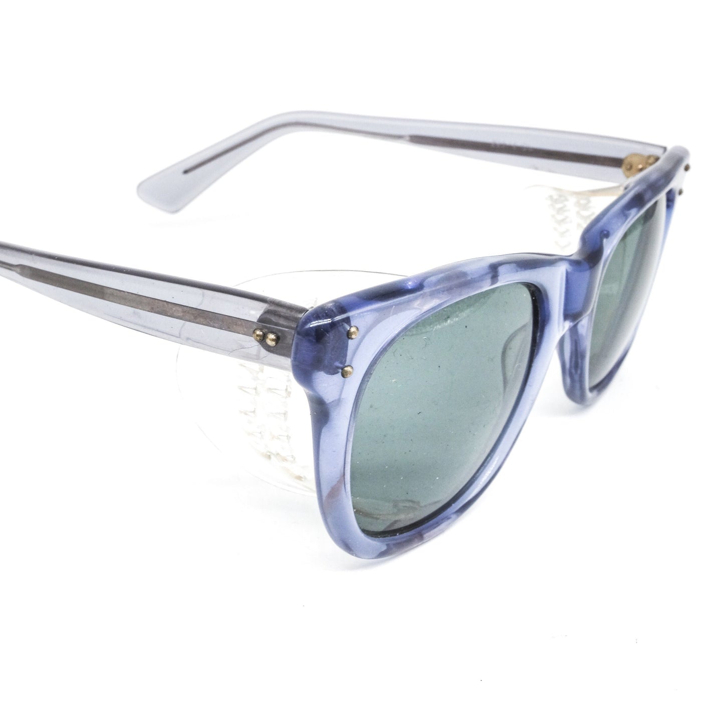 Occhiali da sole Wayfarer Baruffaldi in acetato traslucido con pannelli laterali trasparenti, new old stock anni '80 ITA