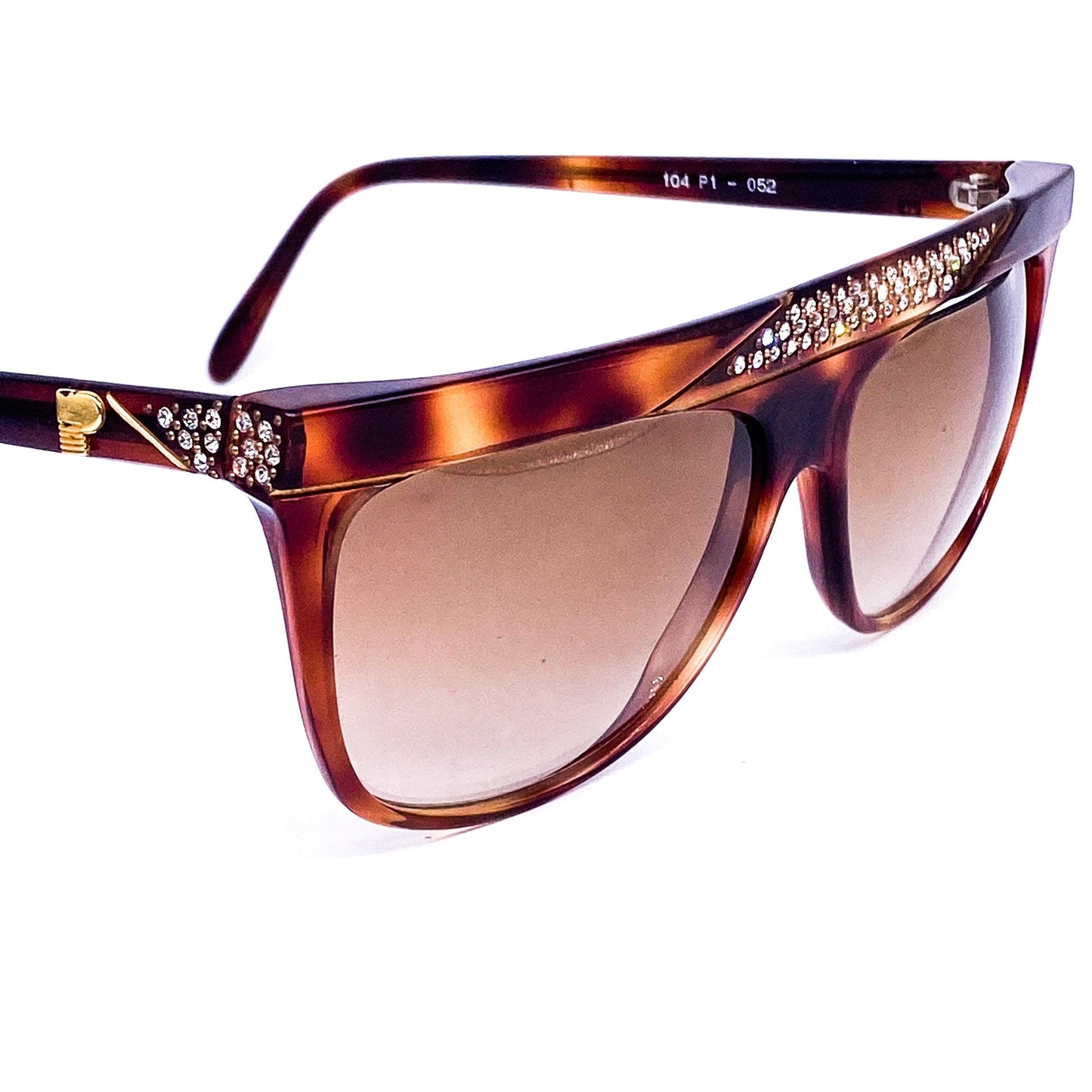 Premiere 104 P1 cello brown tortoise sunglasses enriched with rhinestones and a thick flat browline design, Made in France in mint condition