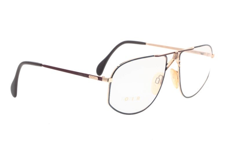 Rodier golden aviator frames w enameled navy rims & burgundy bridge and temples, NOS 80s Germany