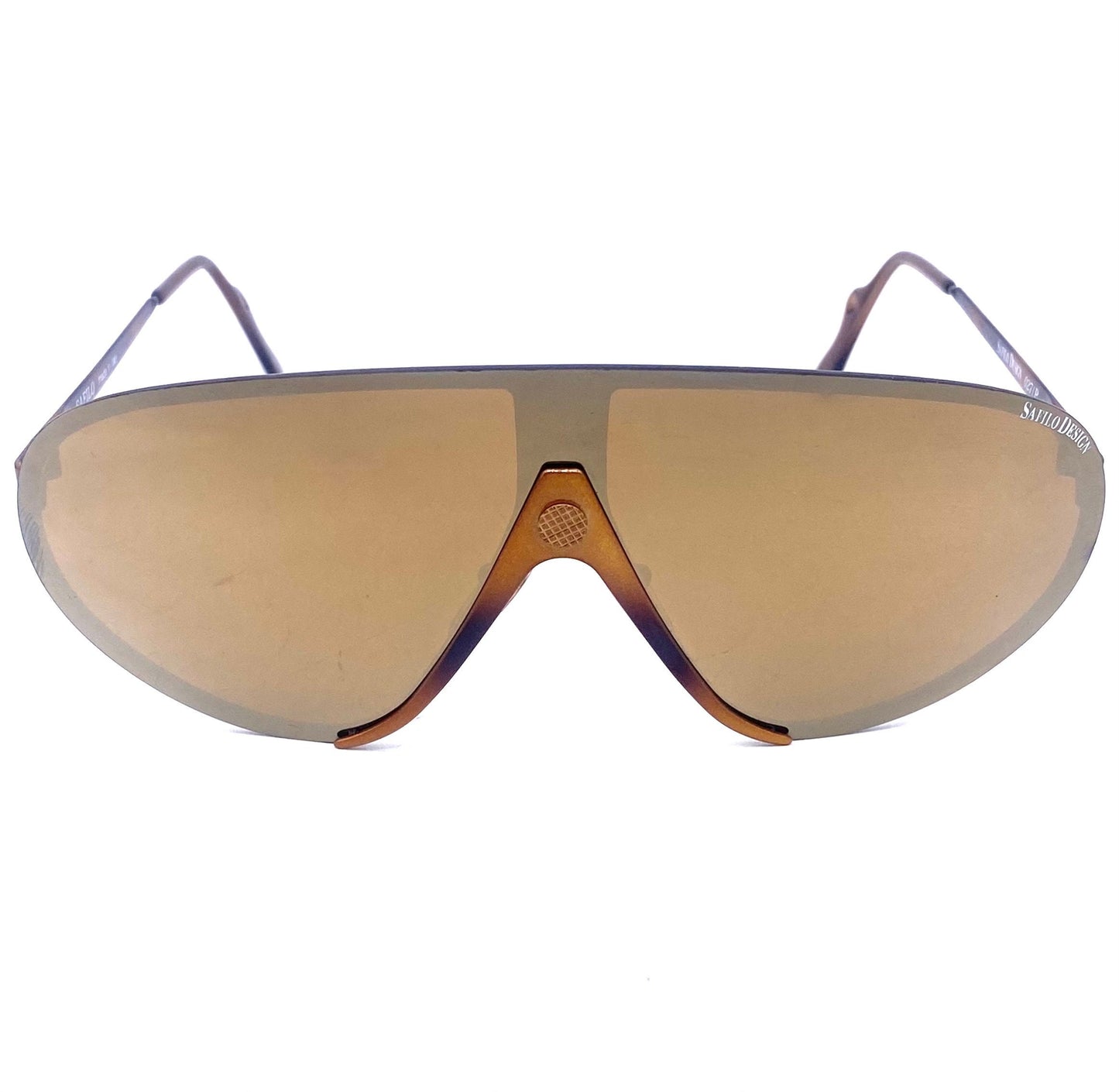 Safilo Design 027/P wrap aviator sunglasses, brown metallized mask-shield design with gold mirrored lens, NOS 80s
