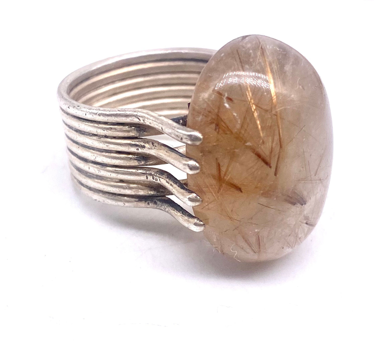 1960s Artisanal 925 Silver cable ring with big oval sunstone (Rutilated Quartz) in great condition