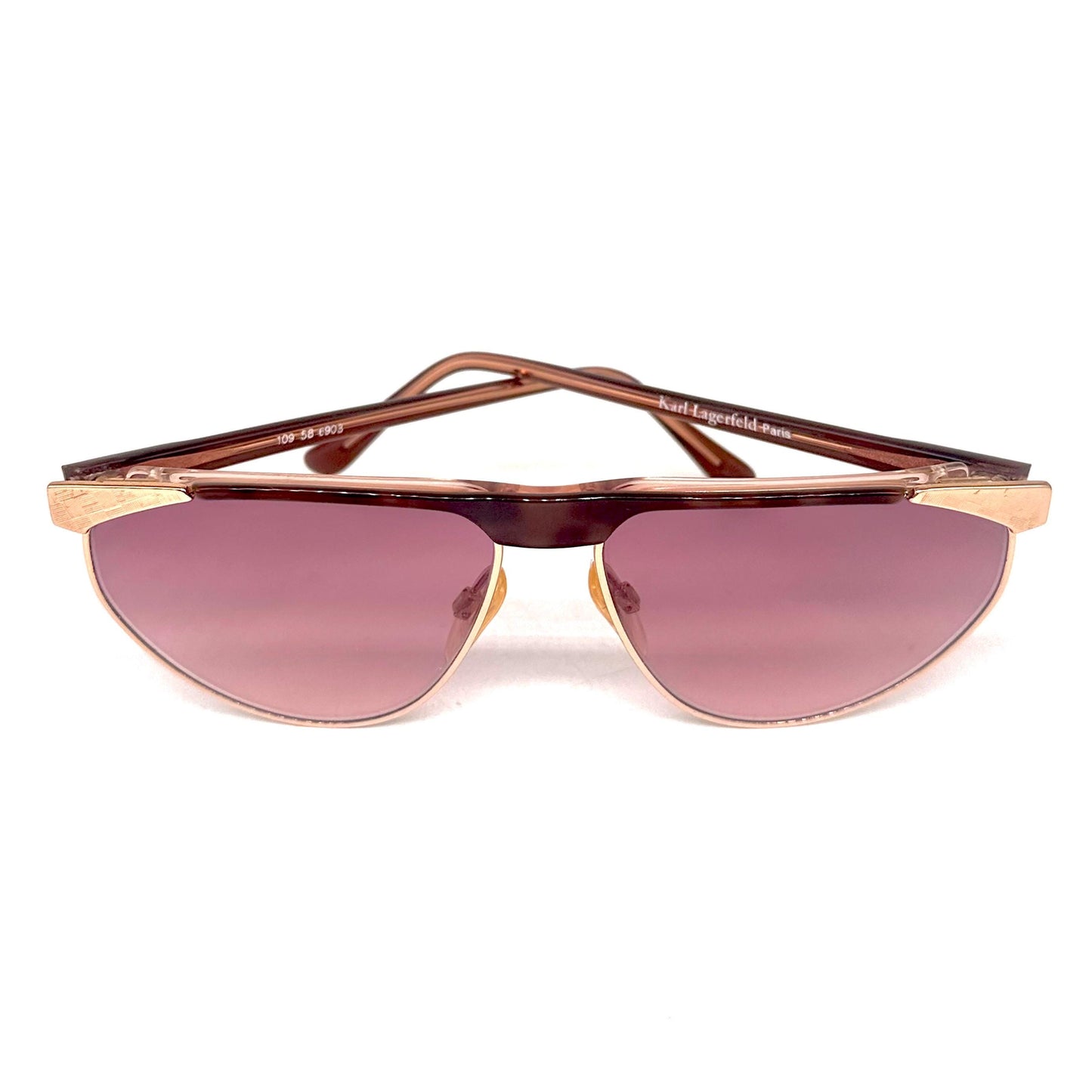 Karl Lagerfeld 109 58 903 brown tortoise and gold frame with chess detail on the sides vintage sunglasses w/ gradient purple lens, NOS