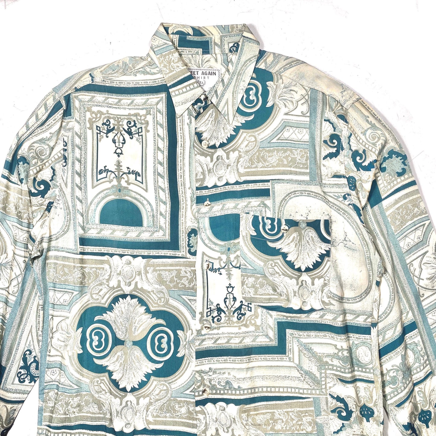 MA baroque shirt, green /gray tones architectural elements allover, sz M Italy 80s Mint