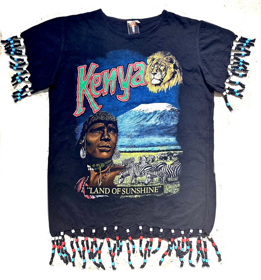 Kenya “land of sunshine” Masai, zebra, Lion & Kilimanjaro” souvenir t-shirt customized by hand beaded fringes, mint