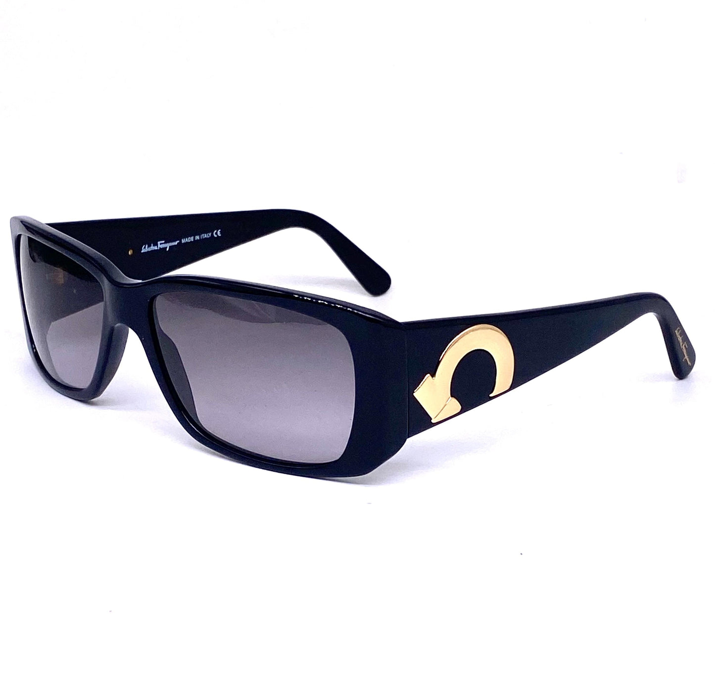 S Ferragamo black rectangular acetate sunglasses w golden metal details / logo inlays, NOS