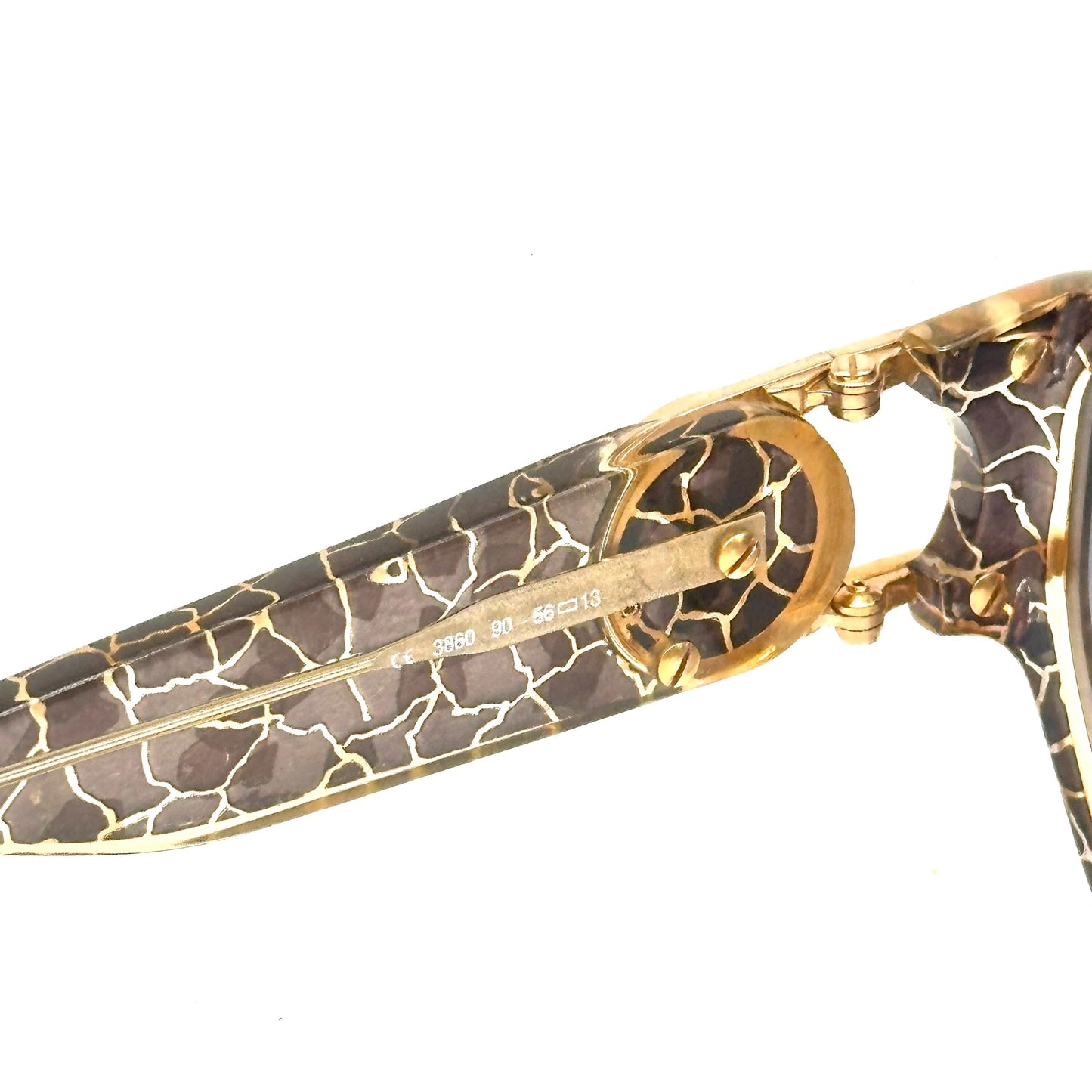 Paloma Picasso 3860 optyl crackled glaze frame in brown, green, gold and turquoise shades, gold logo emblem detail on the temple 90s NoS