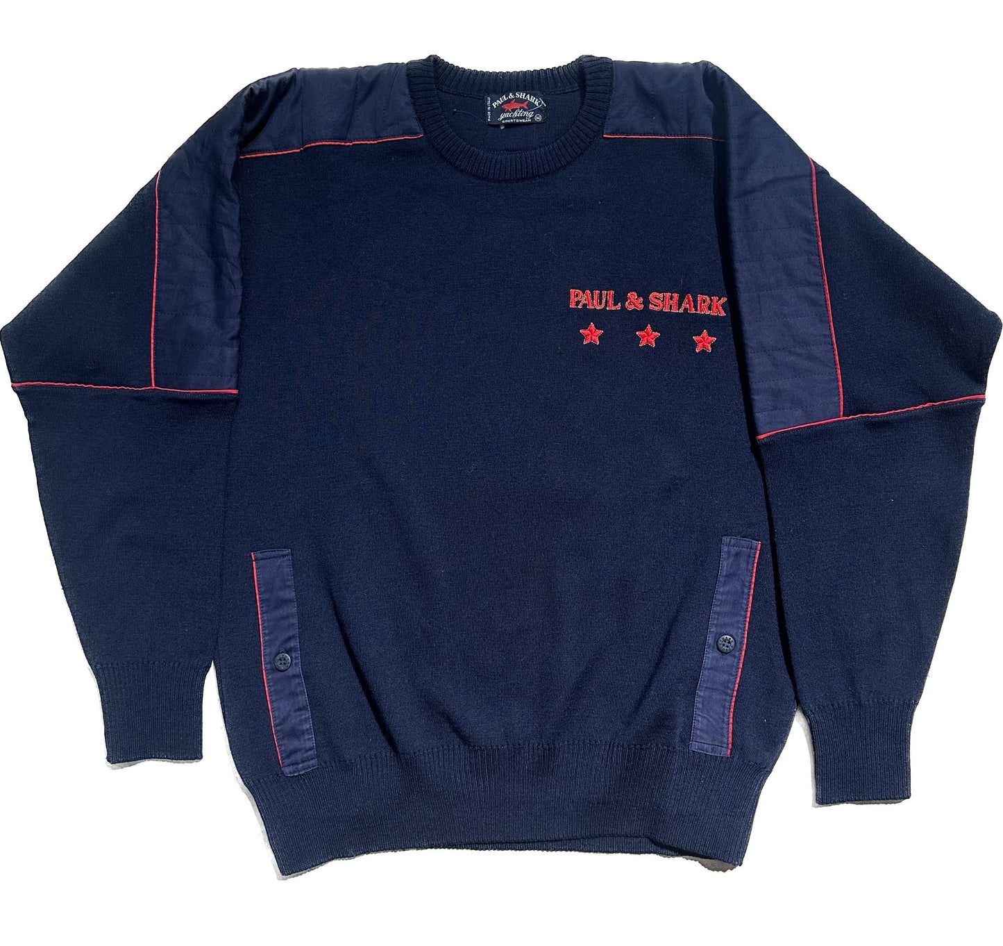 Paul&Shark iconic plain knit navy woolen jumper w logo and stars embroidery, as new, sz M