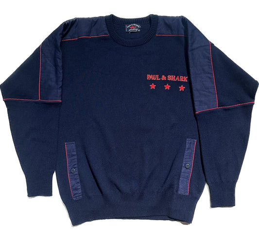 Paul&Shark iconic plain knit navy woolen jumper w logo and stars embroidery, as new, sz M