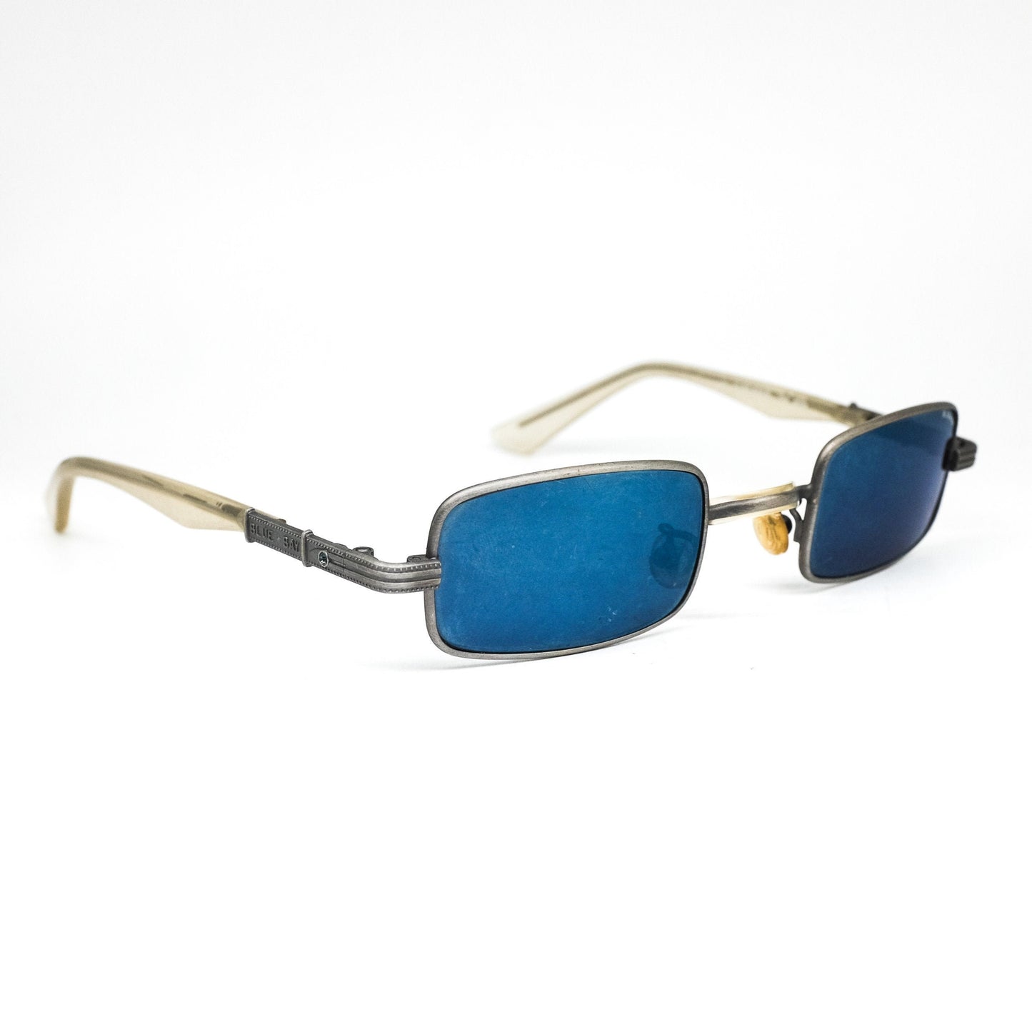 BlueBay minimalist silver rectangular sunglasses w blue mirrored lenses, Italy 90s NOS Mint