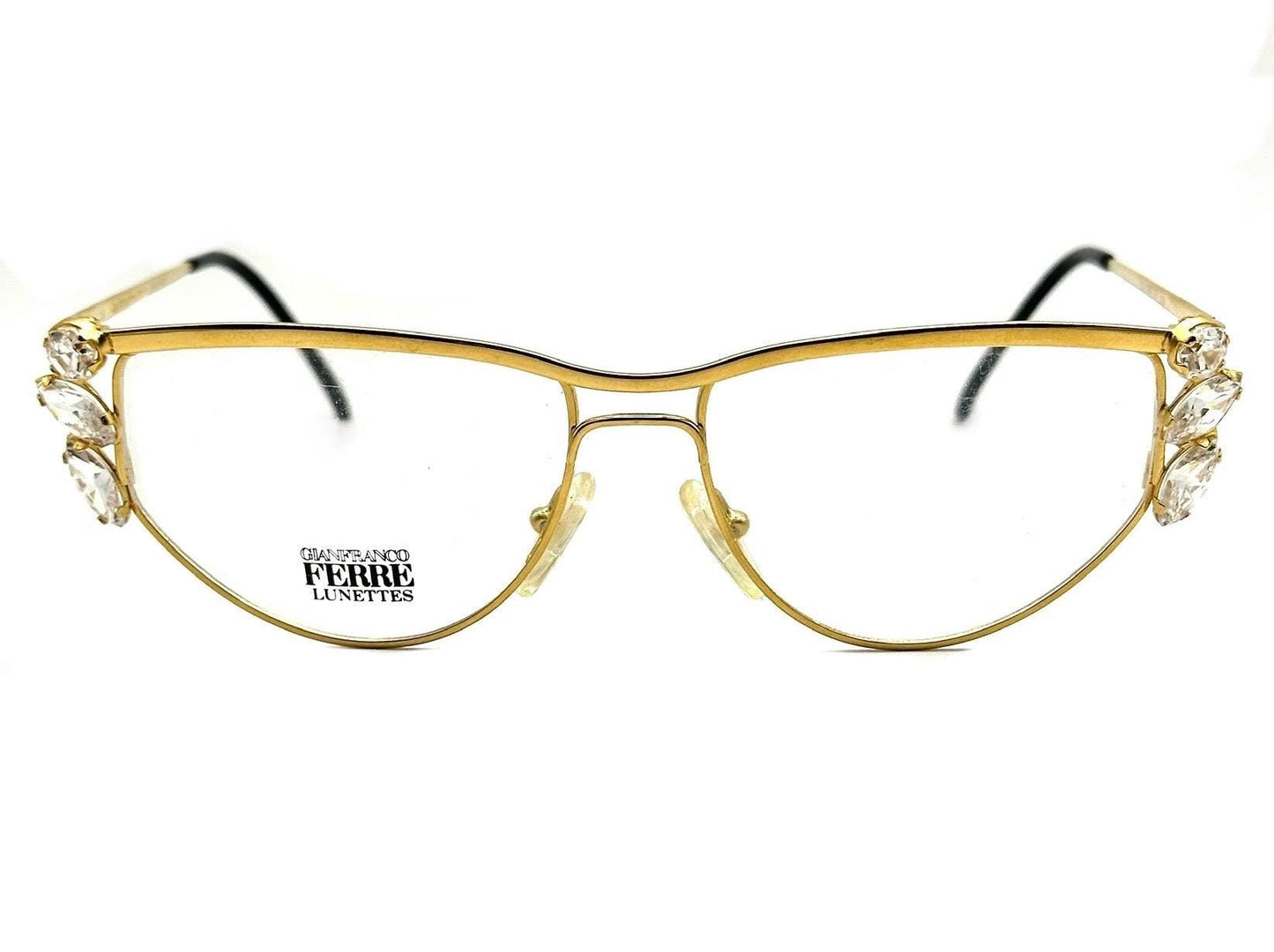 Gianfranco Ferré GFF75 jeweled cateye glasses, golden metal frames w big Swarovski crystals, 1980s NOS
