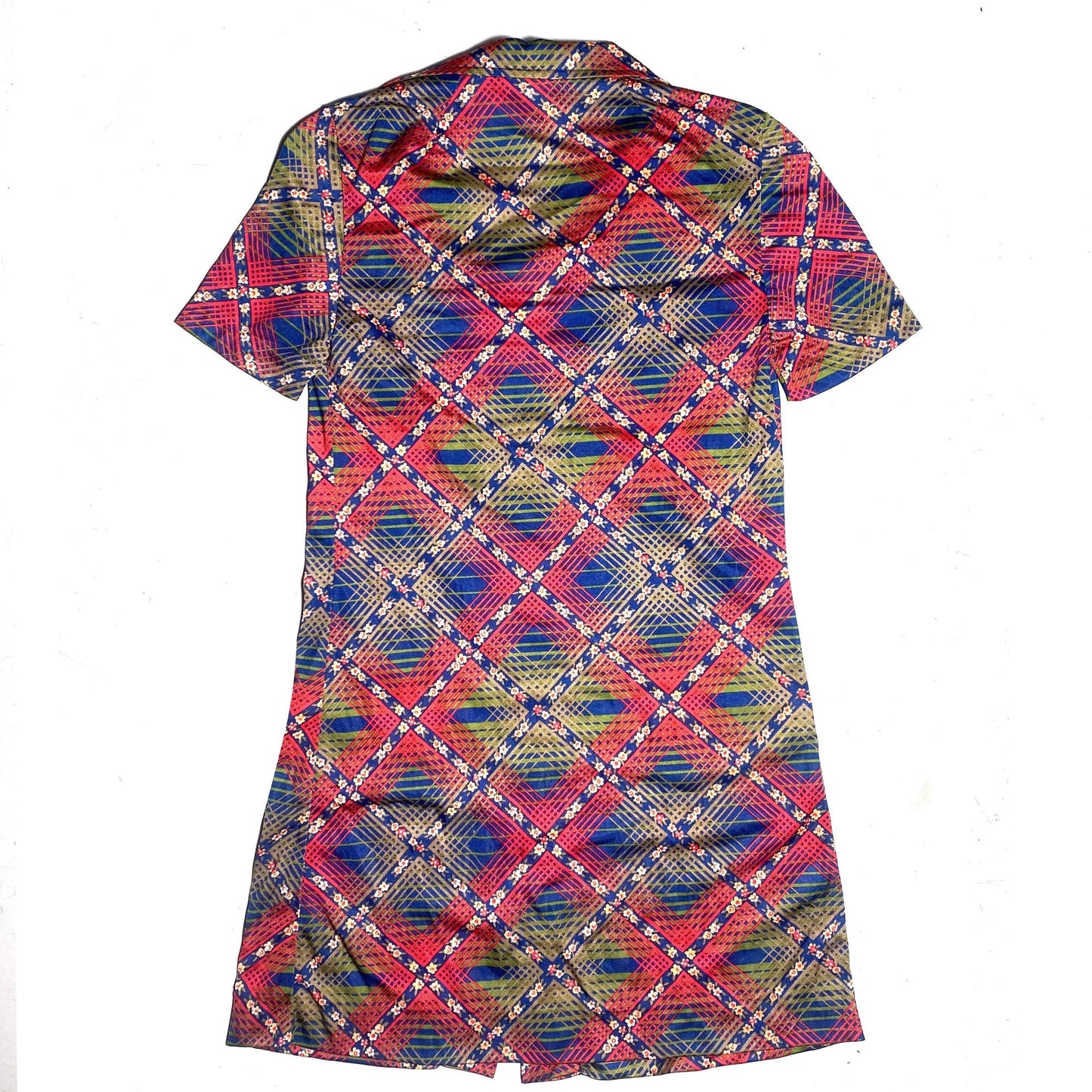 Diana 1970s mini shirt dress, red/blue/green checks & lil’ flowers allover, new old stock