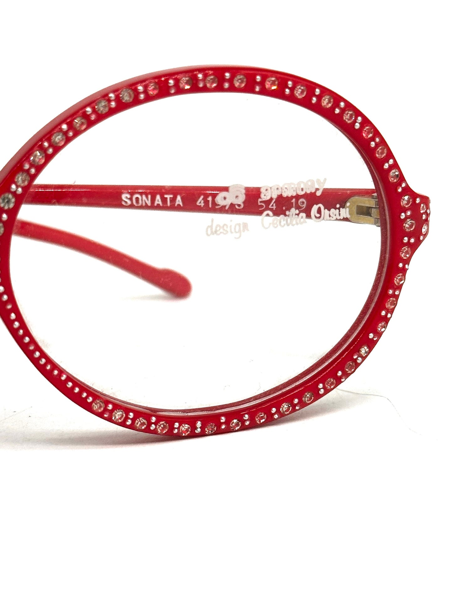 C. Orsini Armony round red eyeglasses fully set with rhinestones, hand made in Italy NOS 80s