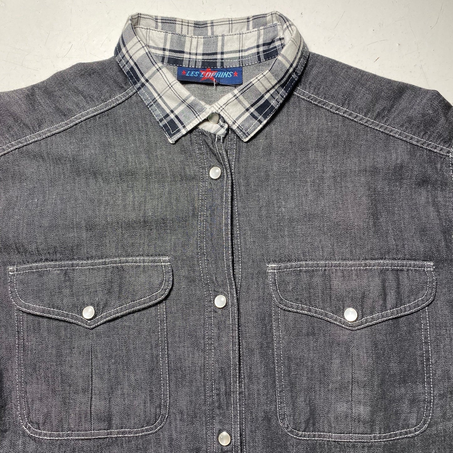 Les Copains grey denim shirt dress with checkered collar, country / chic spring dress 90s Italy