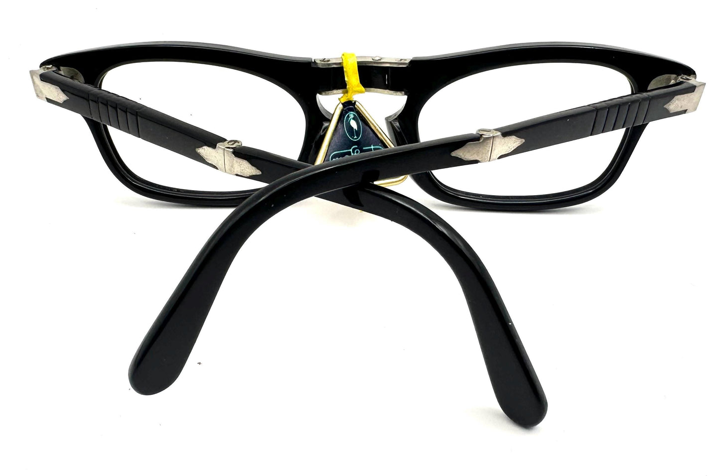 Persol 803 folding black cello rectangular frames w iconic arrow hinges, NOS 1960s Italy