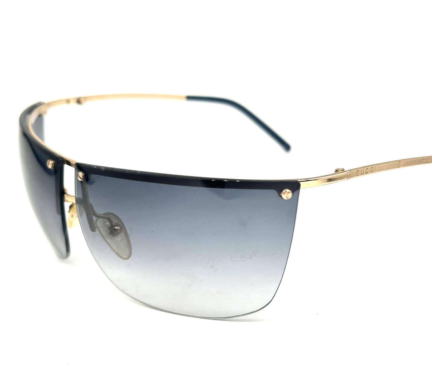 Gucci GG2653 golden rimless wrap sunglasses w grey fade lenses, NOS early Y2K Italy mint