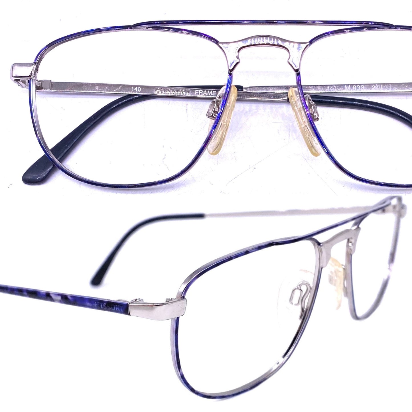 Missoni M833 square dbl bridge glasses in silver metal w blue tortoise alike pattern, NOS 80s Italy