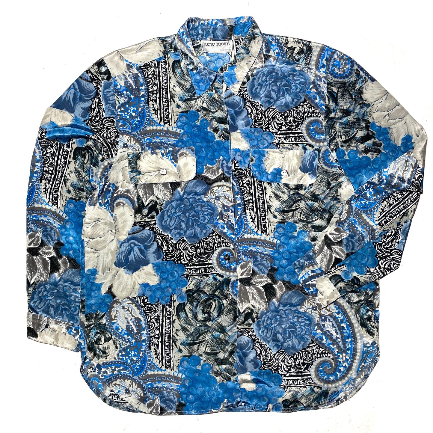 Camicia floreale New Moon in raso floreale-barocco blu/grigio anni '80 Italia