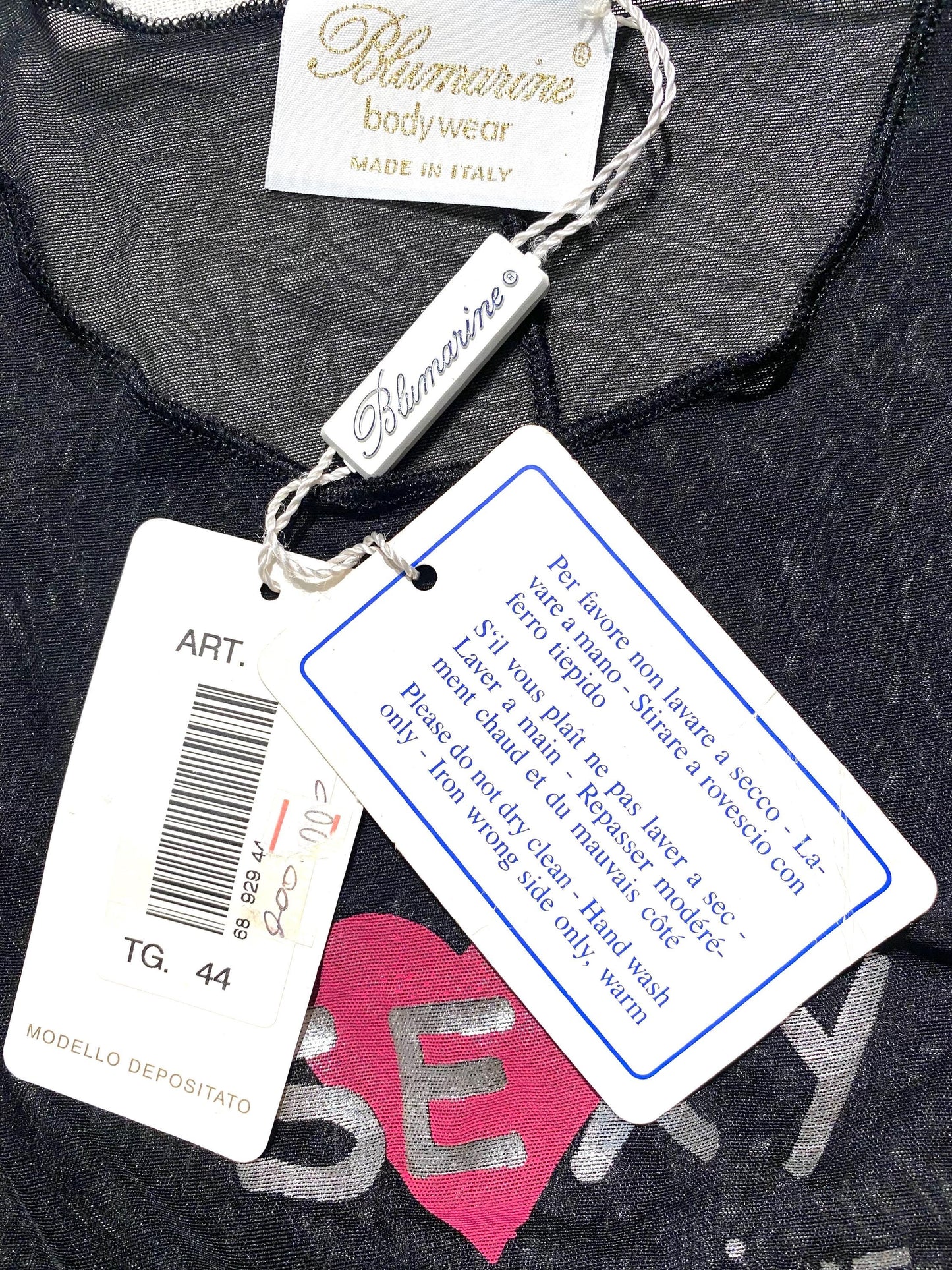 Blumarine black Lycra bodysuit, translucent & shiny fine mesh fabric w iconic “Sexy Blumarine” heart print, NOS 90s BNWT
