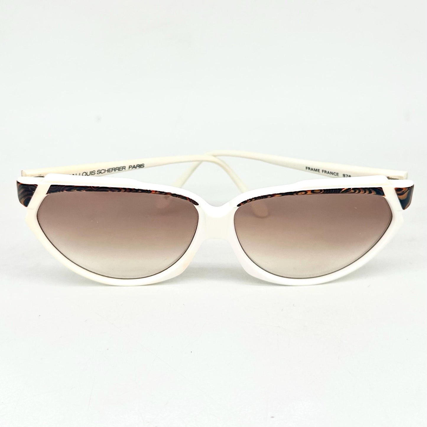 Jean-Louis Scherrer Paris frame 876 white acetate with fluid animalier marbled parts and golden JLS logo detail 90s NOS France