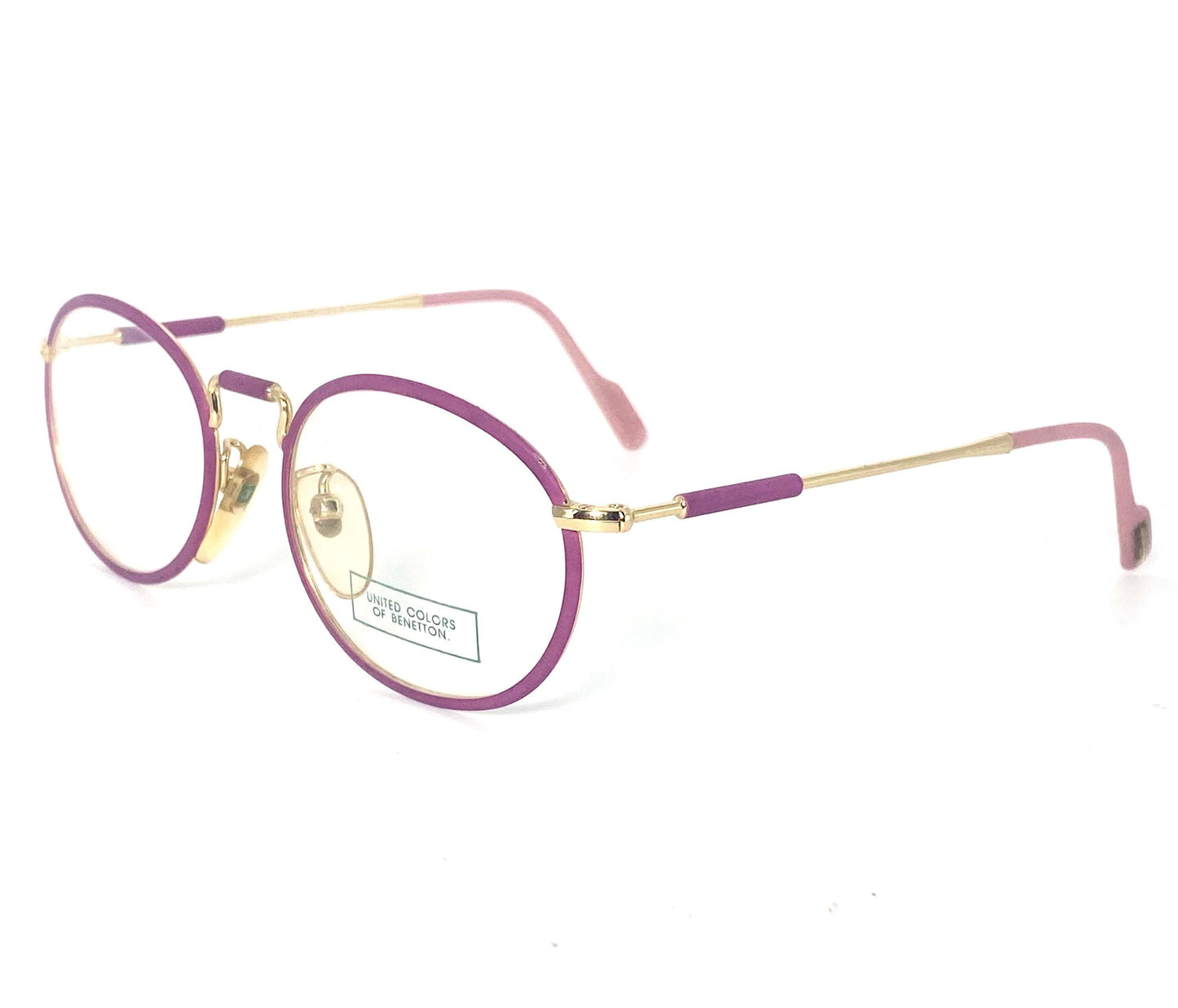 United Colors Benetton oval gold- Fucsia enamel metal eyeglasses frames, cool steampunk vibe, 80s NOS Italy