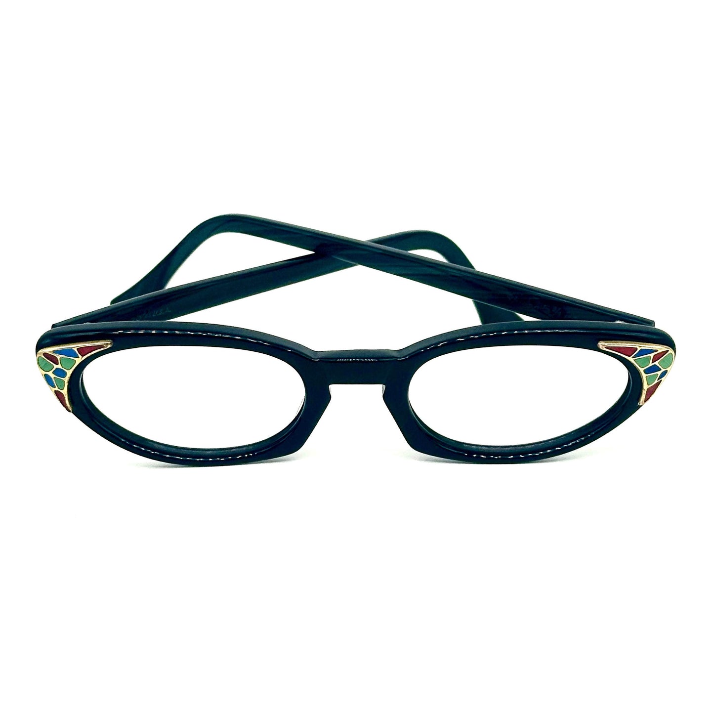 Shuron USA black cateye glasses with colored mosaic detail on golden triangular plaque on the sides style 1960 NoS