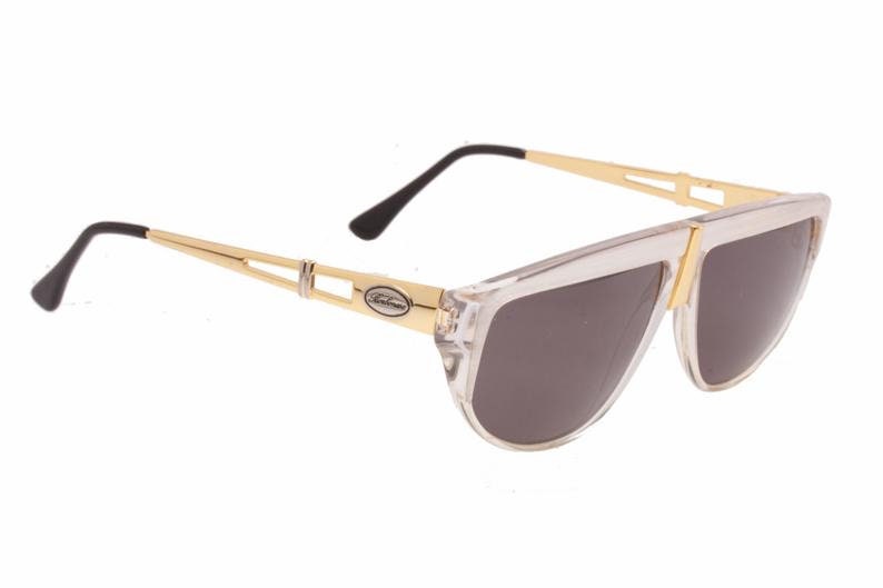 Borbonese luxury wrap sunglasses in white-clear cello with golden metal details and temples, NOS 80s Italy