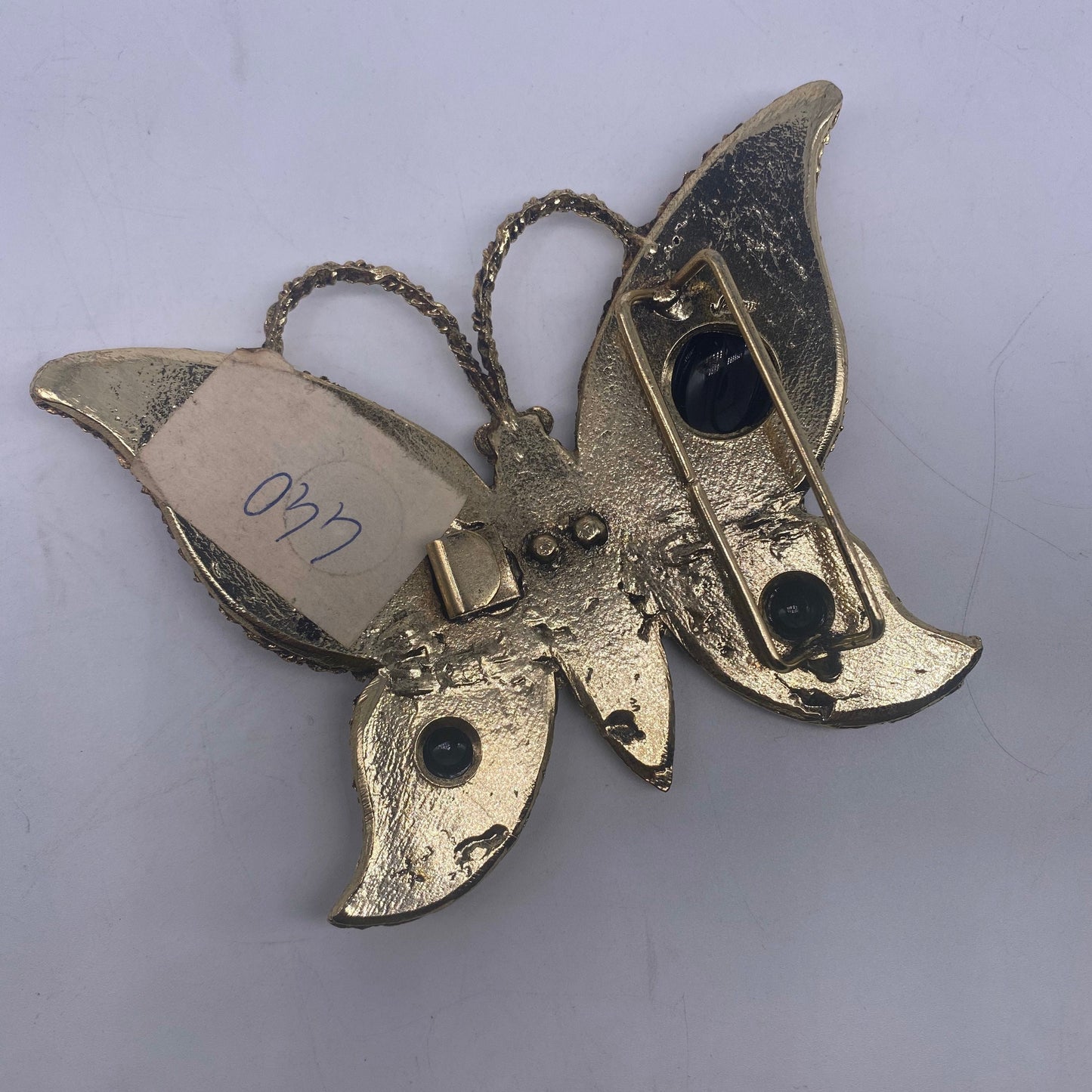 Jeweled golden Butterfly belt buckle with black stones and swarowskys, NOs 70s