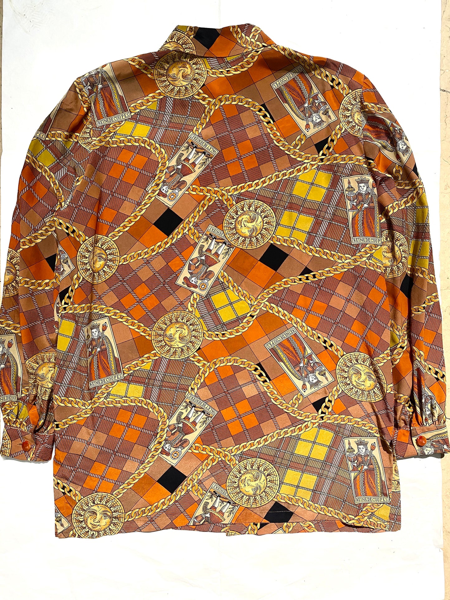 Pure silk baroque sun/ moon/ tarots cards shirt, super cool one of a kind tailor made piece, sz 46, mint