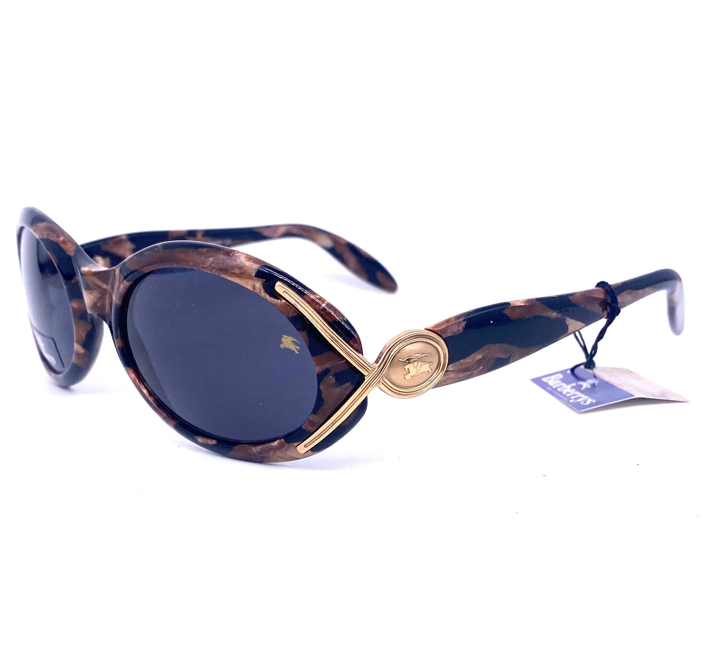 Burberrys oval wrap tortoise sunglasses w Carved logo on golden metal hinges , NOS 90s