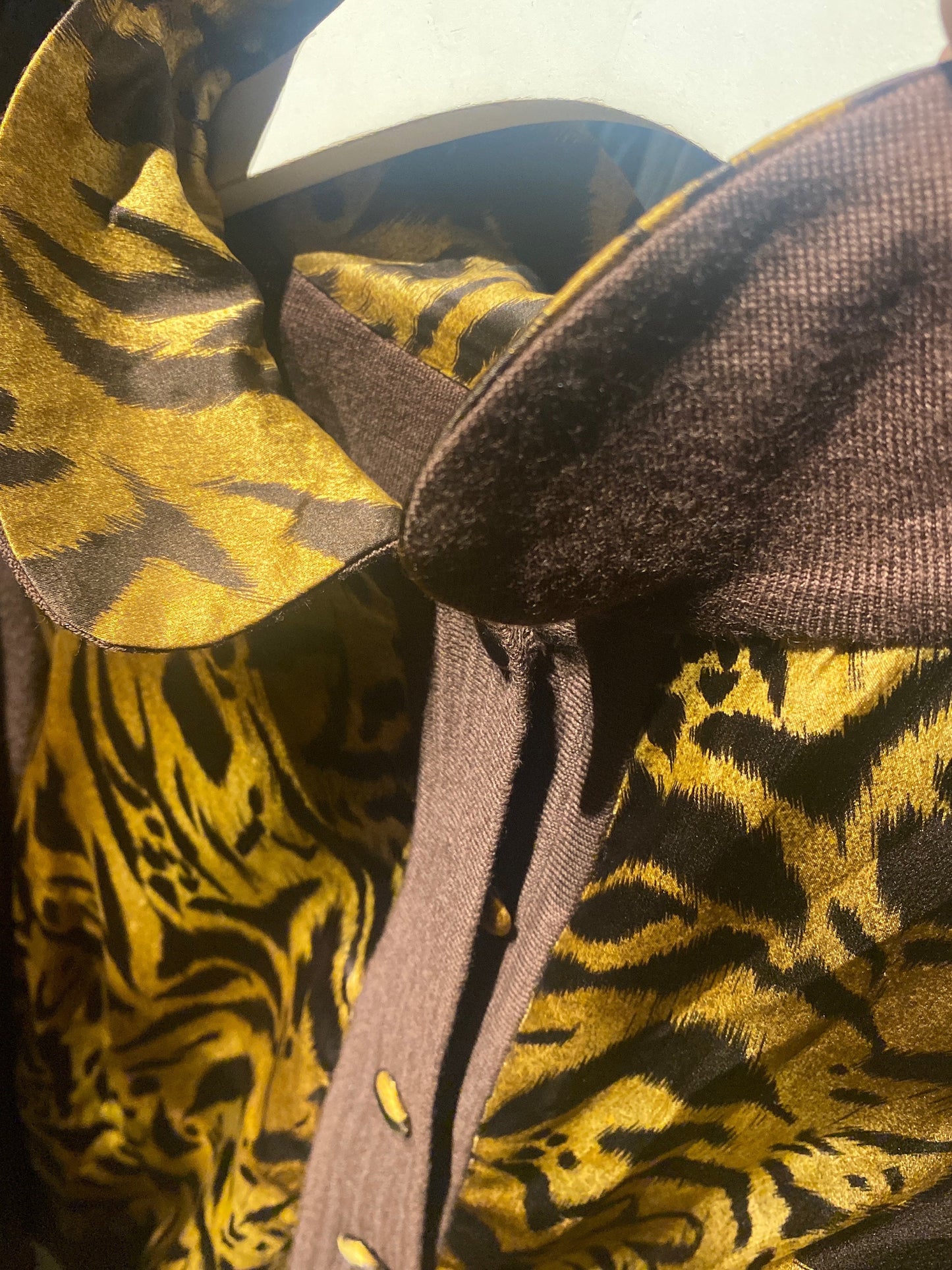 Brown fine wool button up jumper with animalier silk coated front, buttons and collar. artisanal/sartorial make, finest finishings