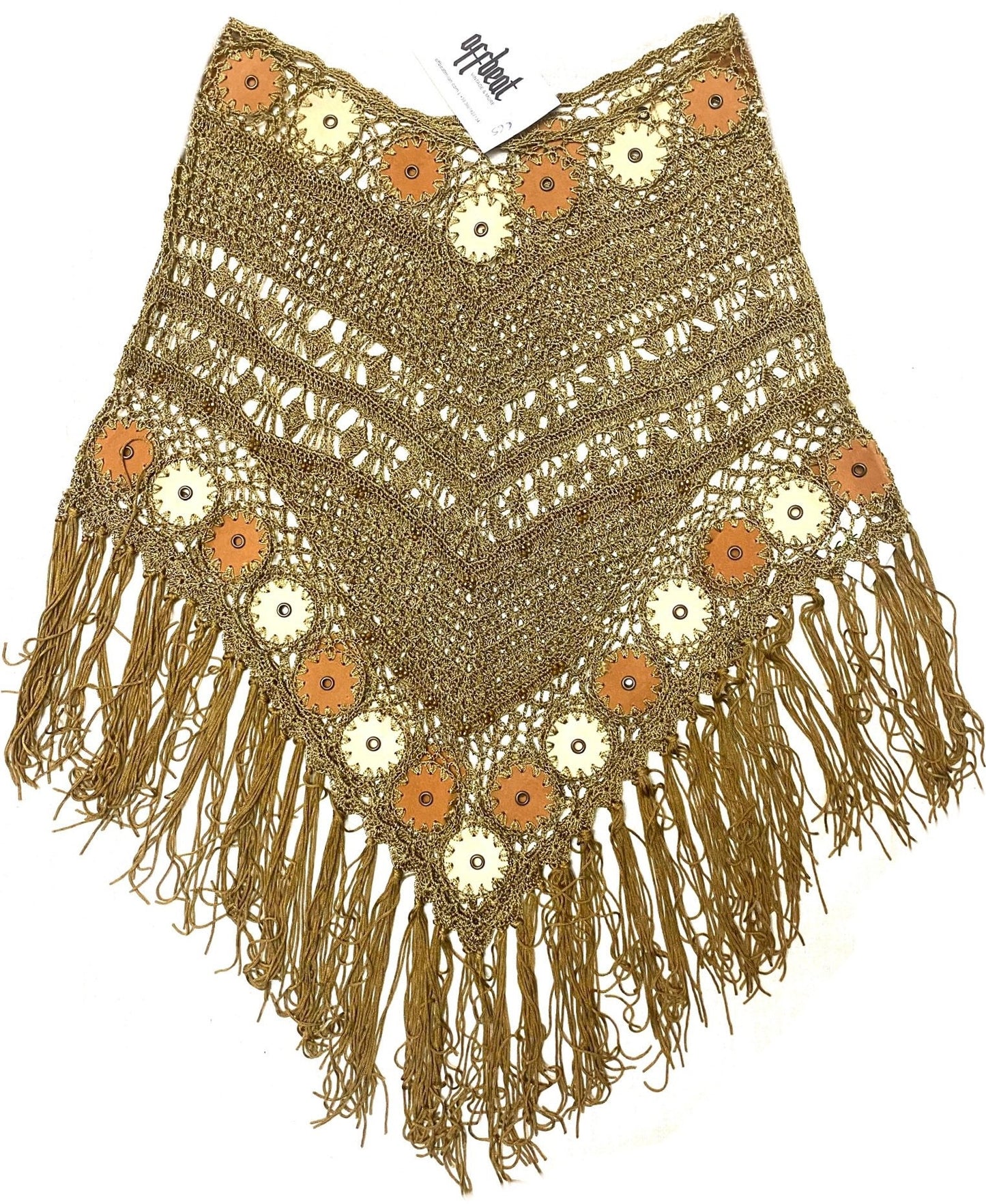 Navajo satin cord crochet fringed shawl/poncho with leather inserts, beautiful and mint