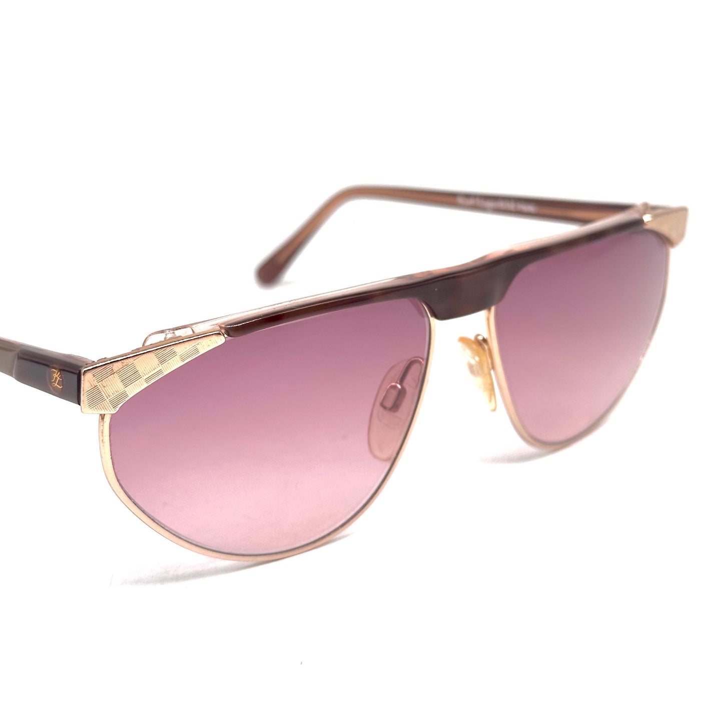 Karl Lagerfeld 109 58 903 brown tortoise and gold frame with chess detail on the sides vintage sunglasses w/ gradient purple lens, NOS