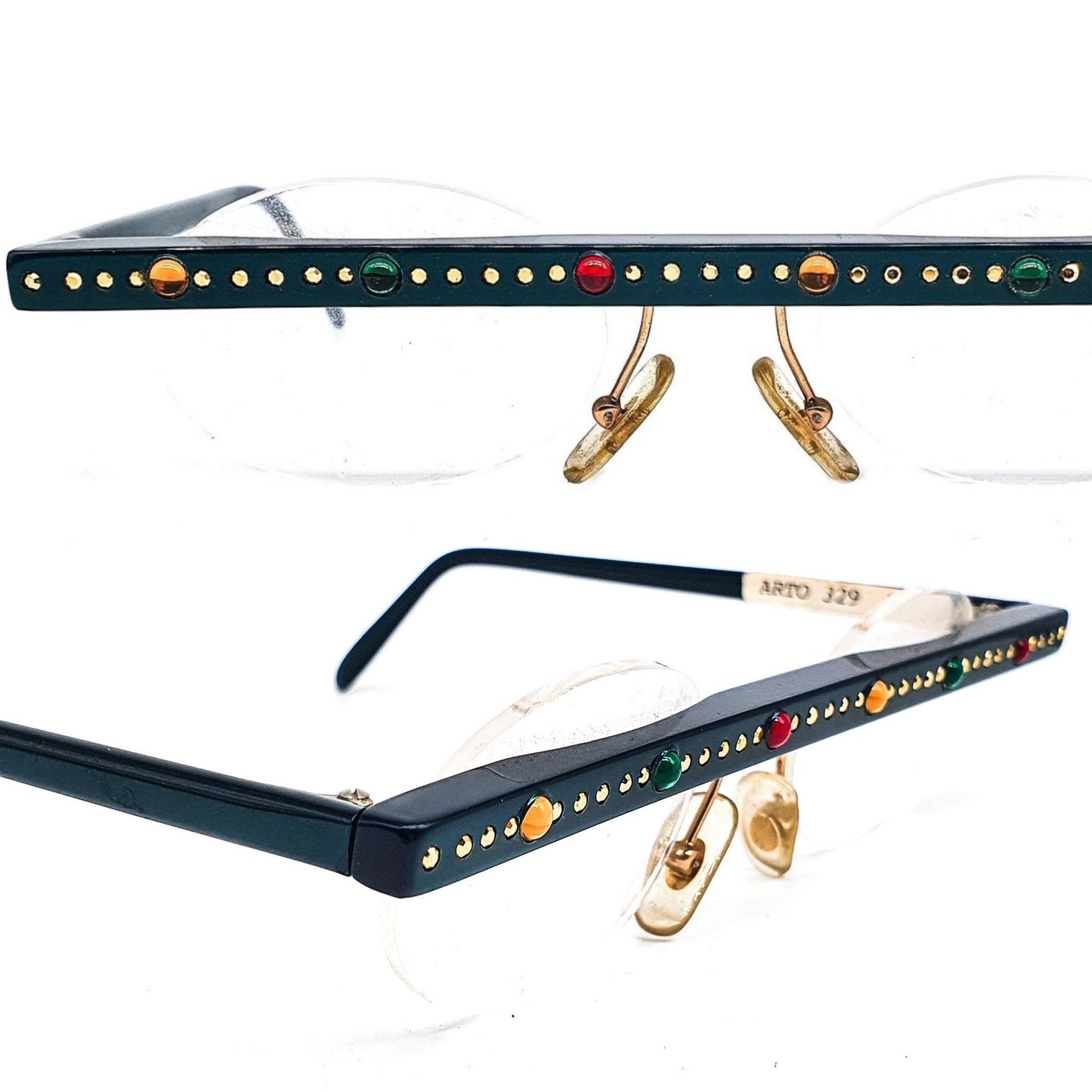 Arto montature per occhiali ovali senza montatura con una bellissima linea sopraccigliare piatta decorata con gemme colorate, anni '80 nos