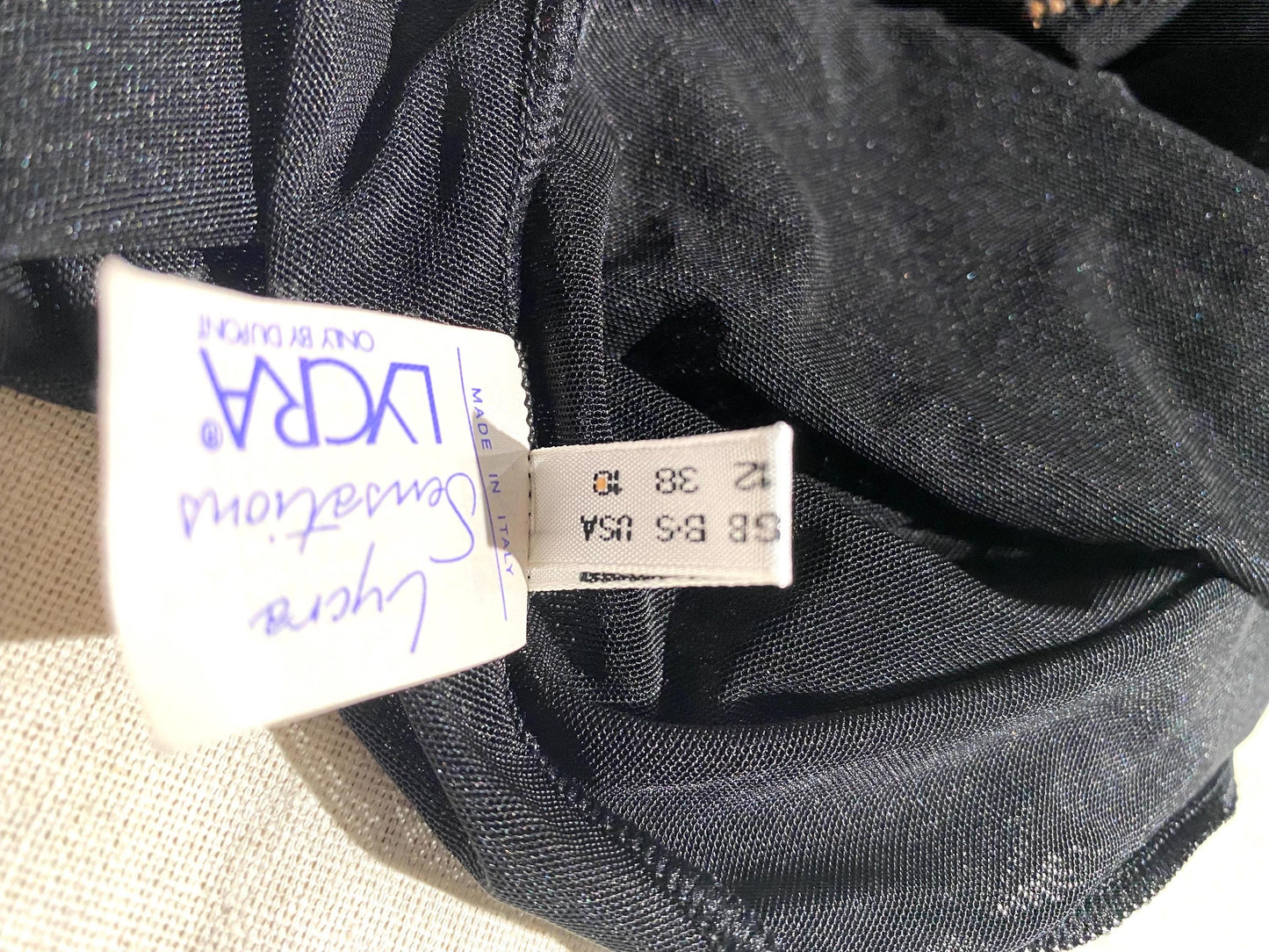 Blumarine black Lycra bodysuit, translucent & shiny fine mesh fabric w iconic “Sexy Blumarine” heart print, NOS 90s BNWT