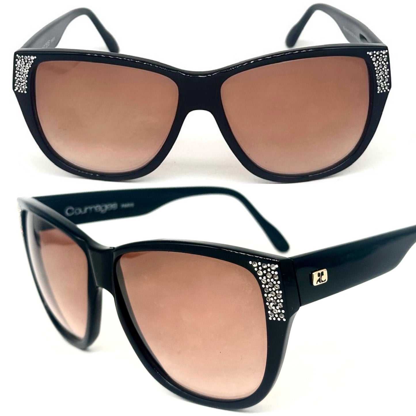 Courreges 8712 black oversized sunglasses w gold logo and Swarovski adornement, hand made in France