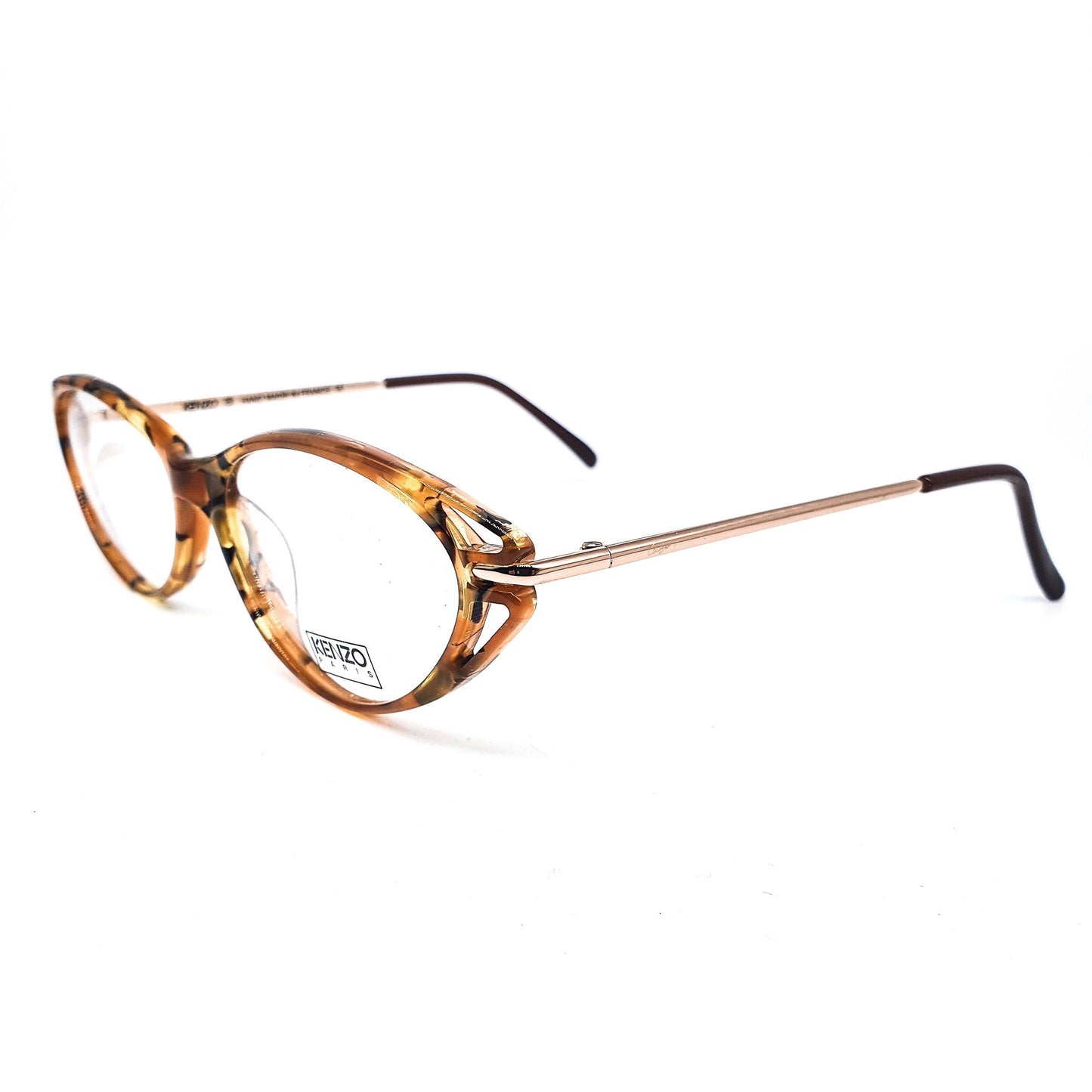 Kenzo k156 mosaico vintage classic cateye style semi amber acetate eyeglasses frames with cut off end part design, 80s France