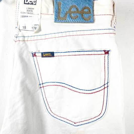 Lee Boston rare ltd US flag icon tricolor stitching white jeans, new old stock 90s with tags