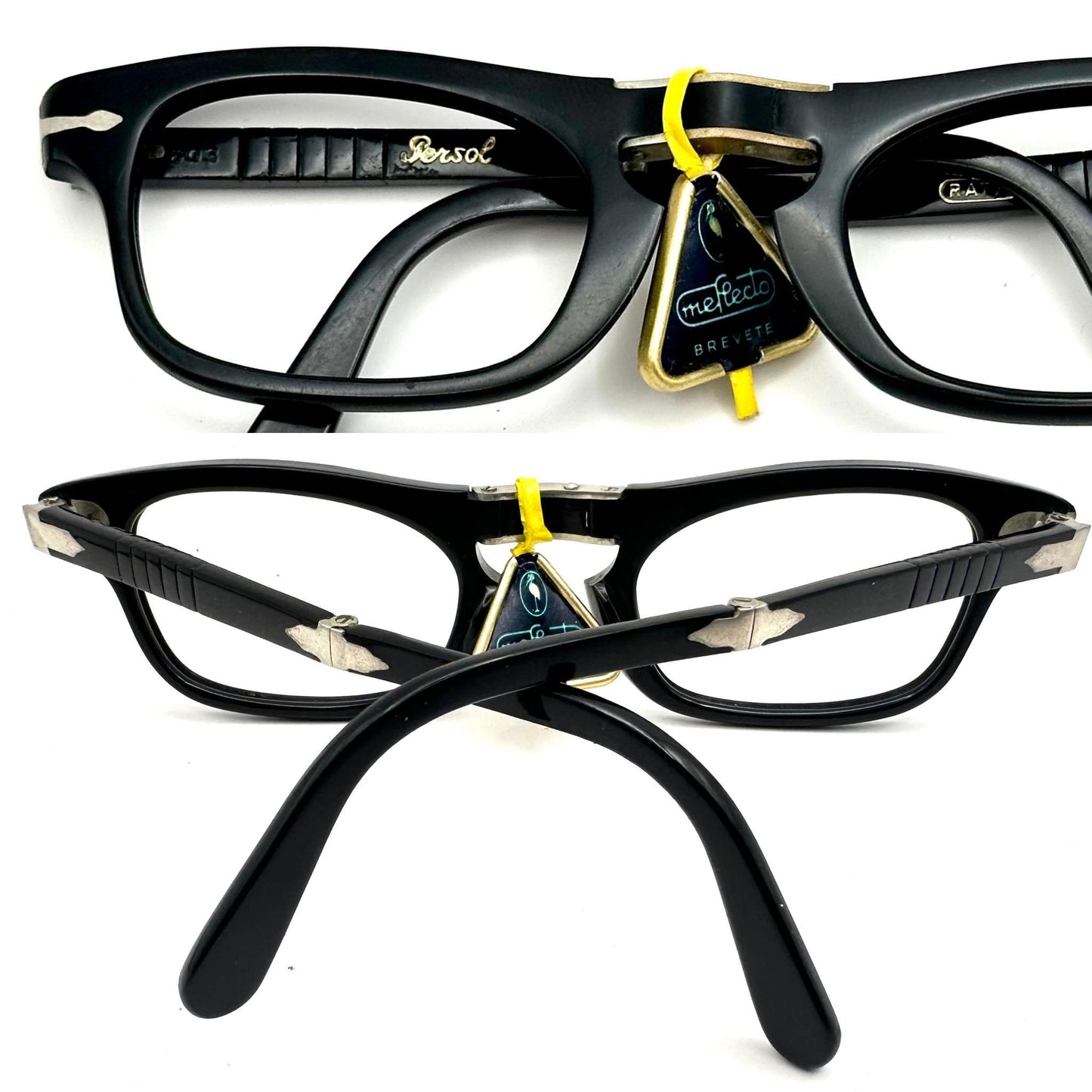 Persol 803 folding black cello rectangular frames w iconic arrow hinges, NOS 1960s Italy
