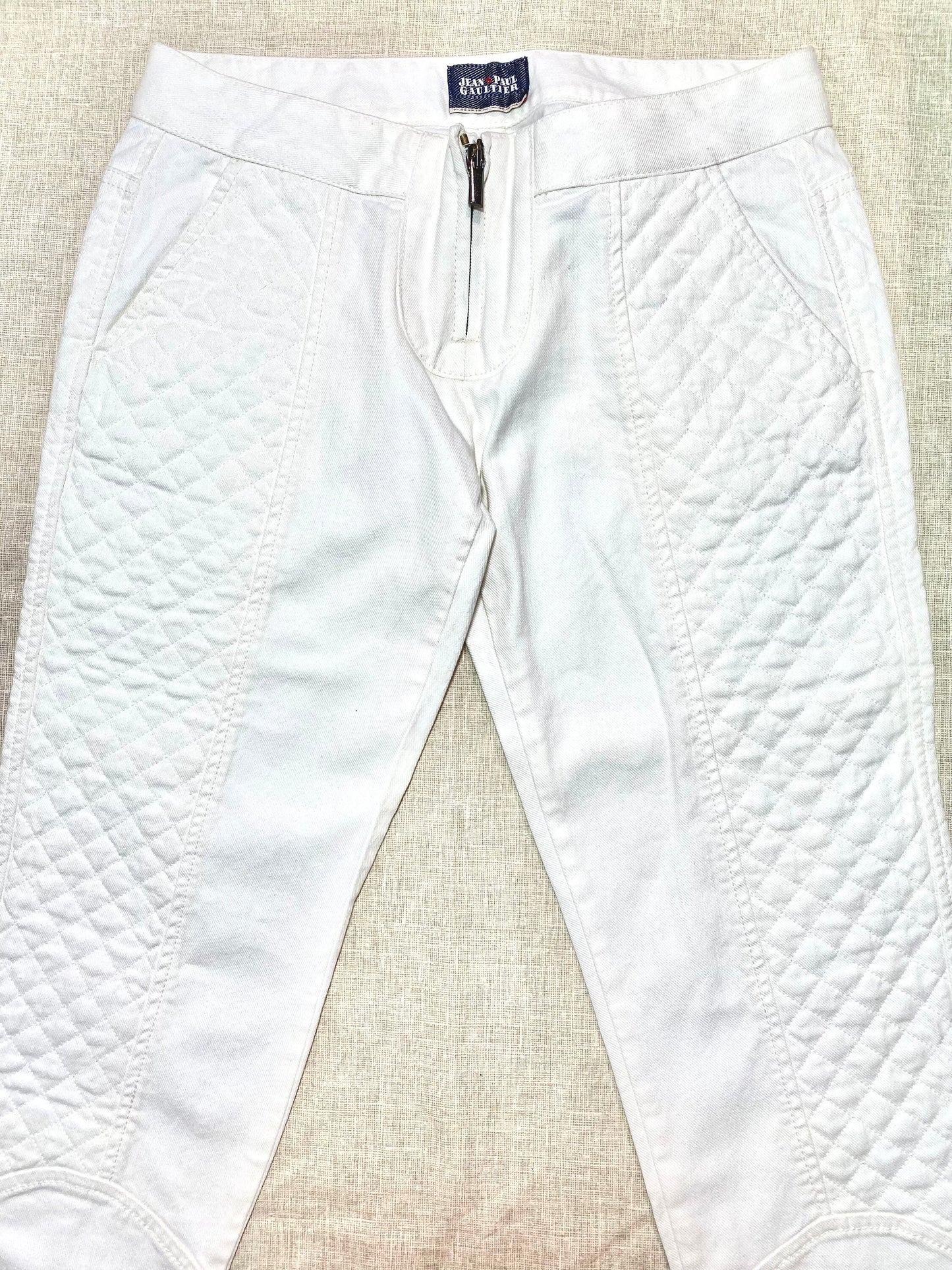Jean’s Paul Gaultier white stretch denim capri trousers w laces