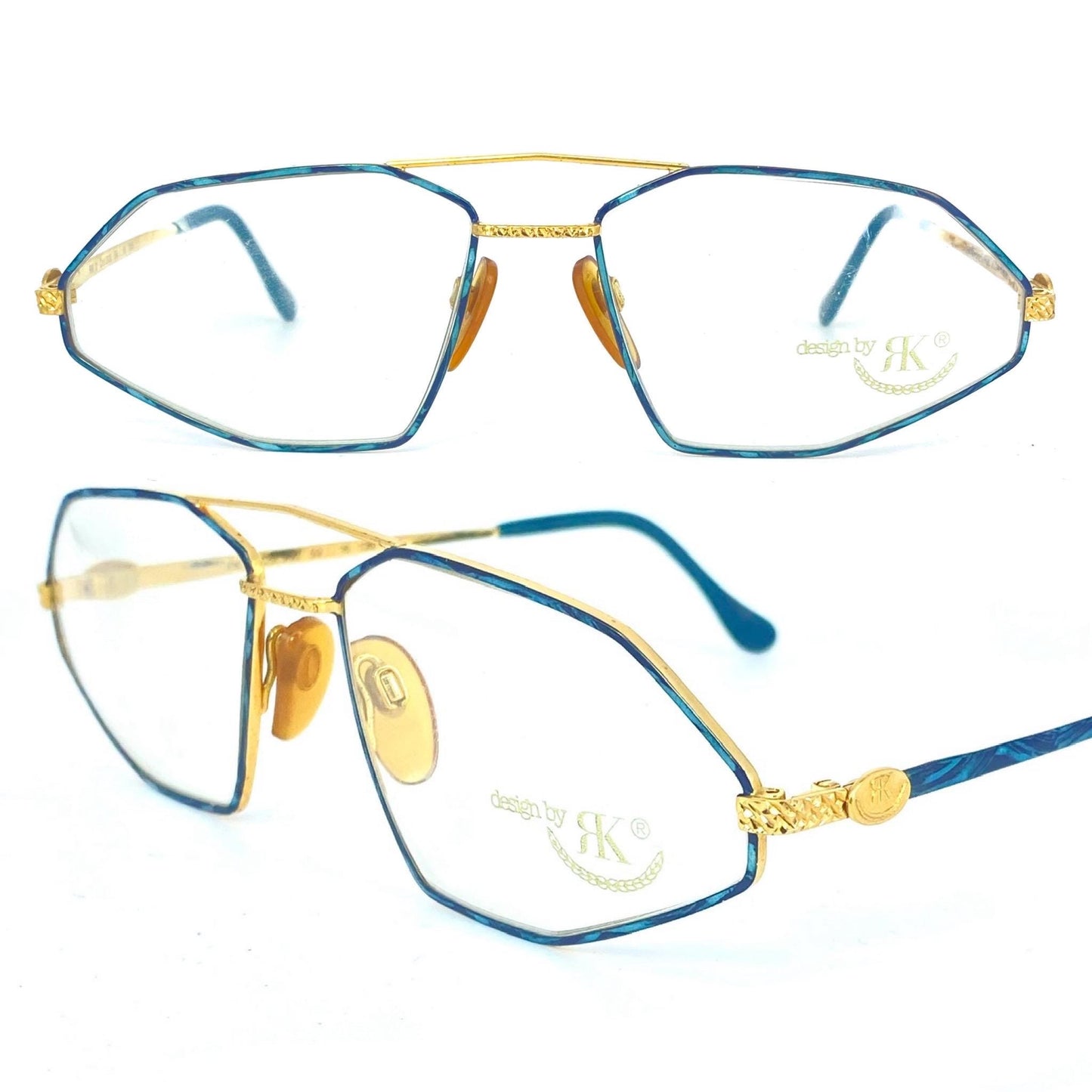 RK Design collectible avant-garde frames, polygonal dbl bridge golden metal w green enameled texture,  W Germany 80s NOS