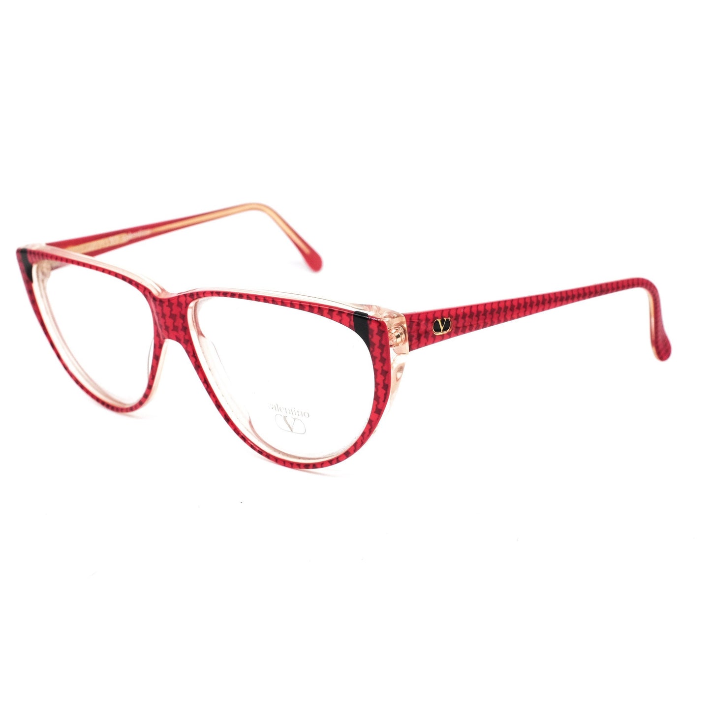 Valentino 129 red cateye cello eyeglasses frames with houndstooth pattern, 1980s NOS Italy