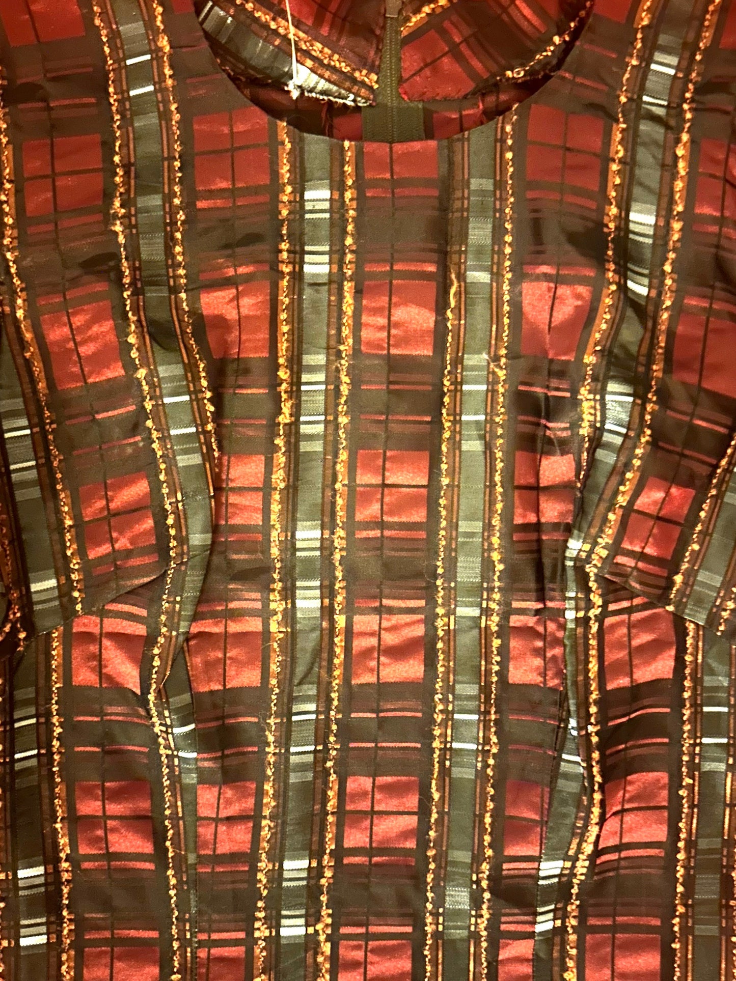 Tailor made tartan sheath dress in jacquard satin fabric, psz S/M, 1980s Italy